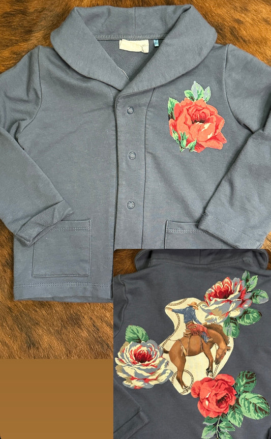 Varsity Shawl Collar Jersey Cardigan with Bronc & Roses, Size 3T
