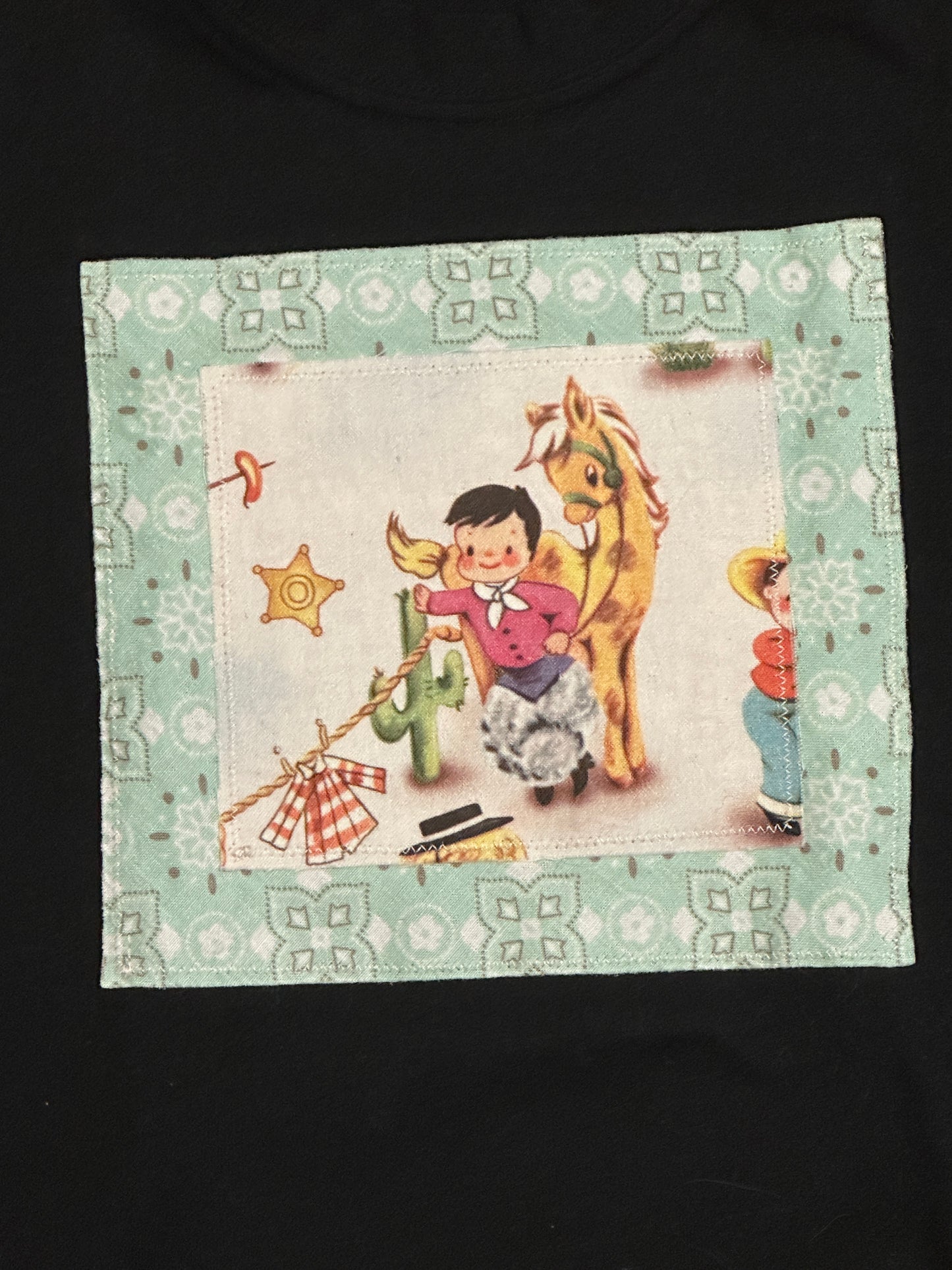 Vintage Cowboy & Mint Bandana Print on Black Tee, Size 3T