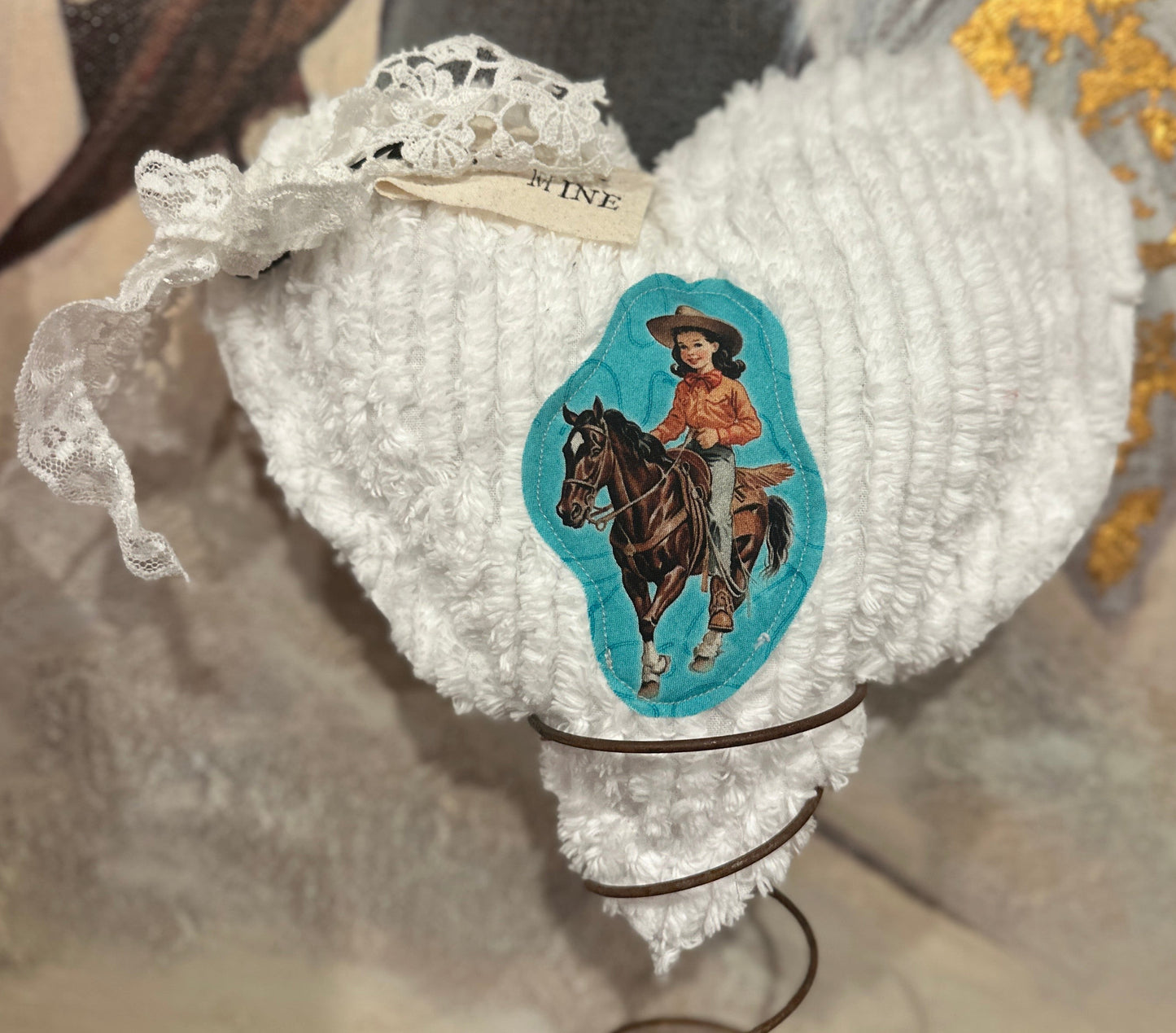 WHITE Chenille Plushie Cowgirl Heart #3