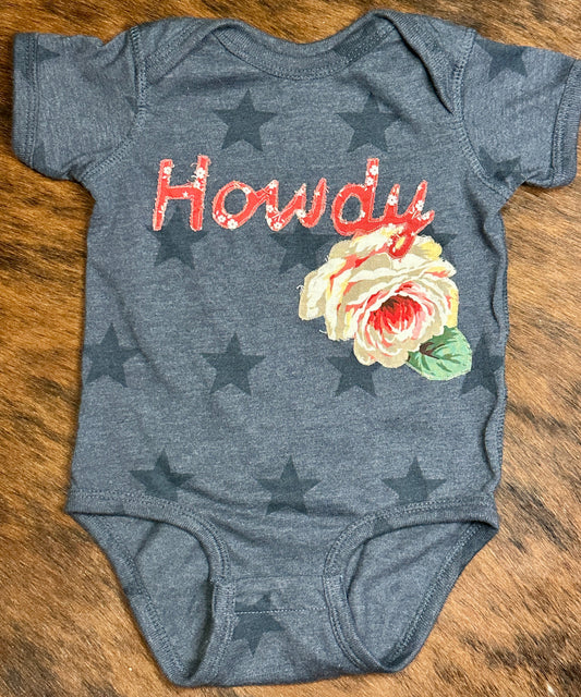 “Howdy” Blue Star Onesie with White Rose, Size 12 mons.