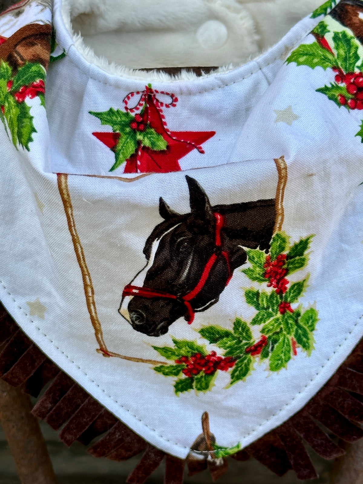 Cream Holly Horses Christmas Bib
