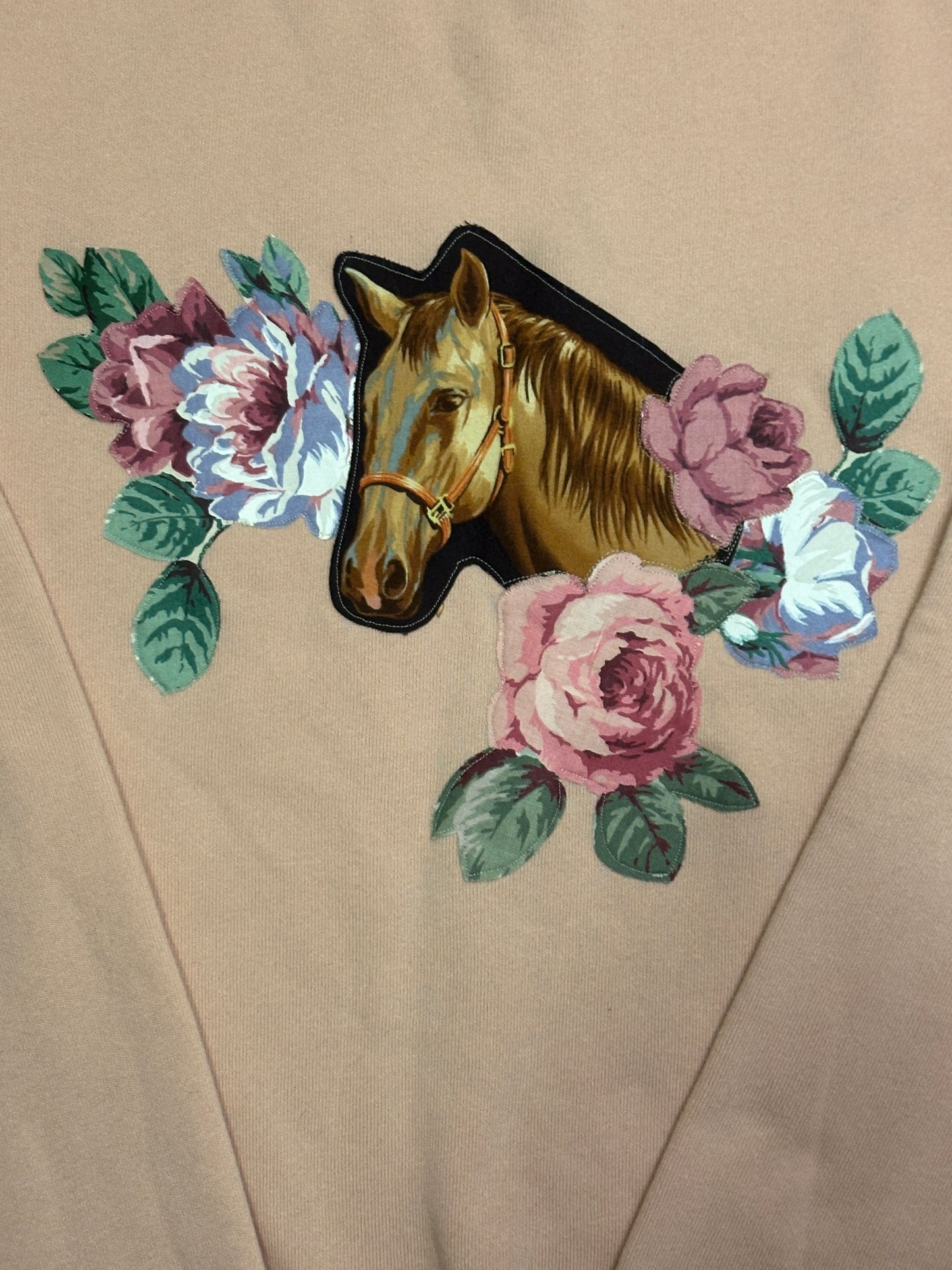 Peach Sweatshirt with Horse Portrait & Pastel Roses, ADULT Unisex Size Large (Fits like Women’s XL)