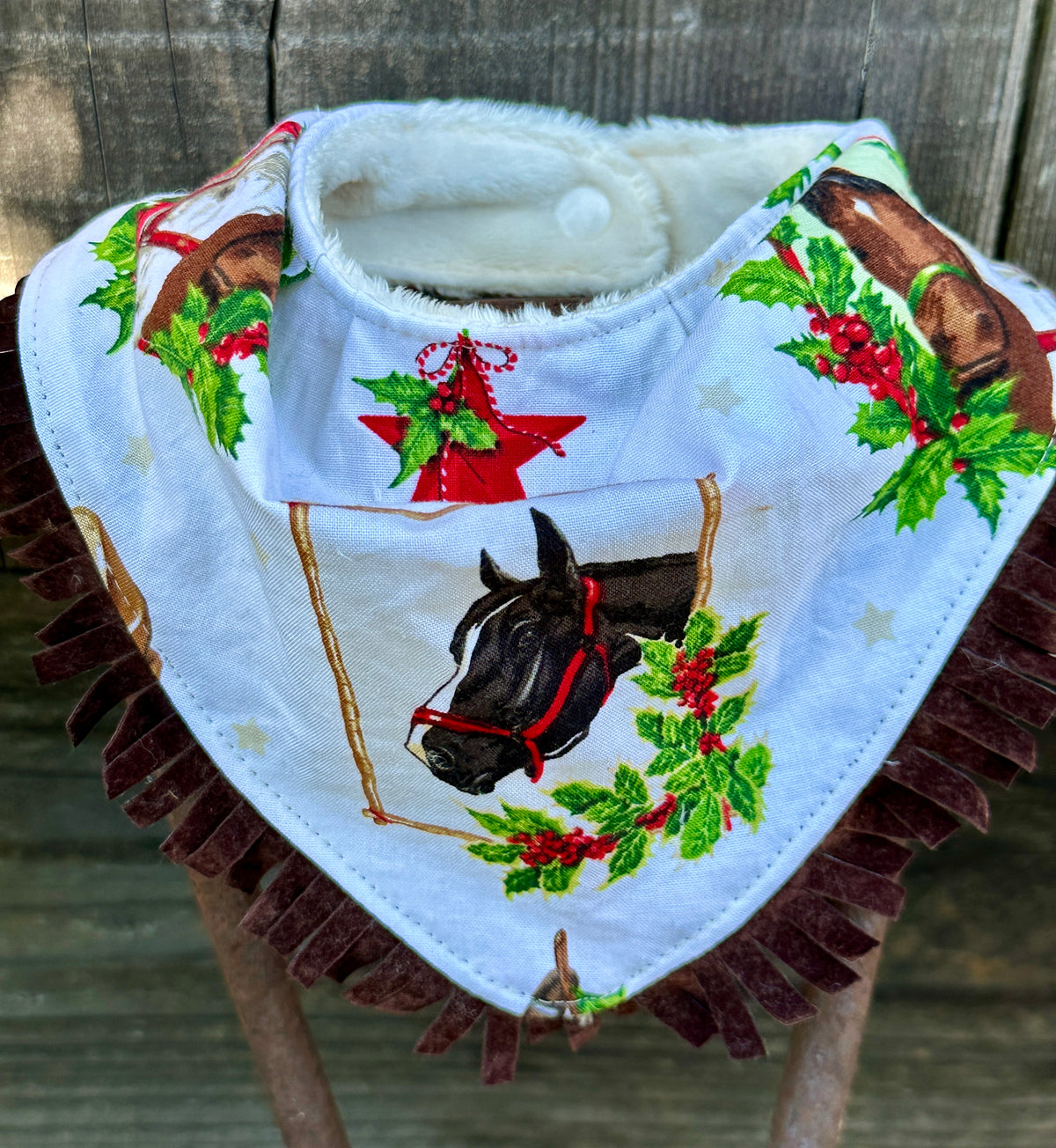 Cream Holly Horses Christmas Bib