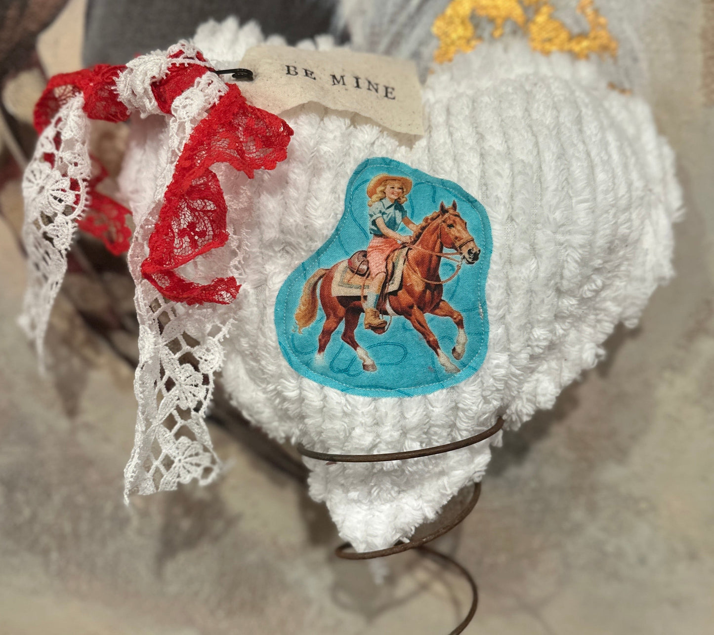 WHITE Chenille Plushie Cowgirl Heart #2