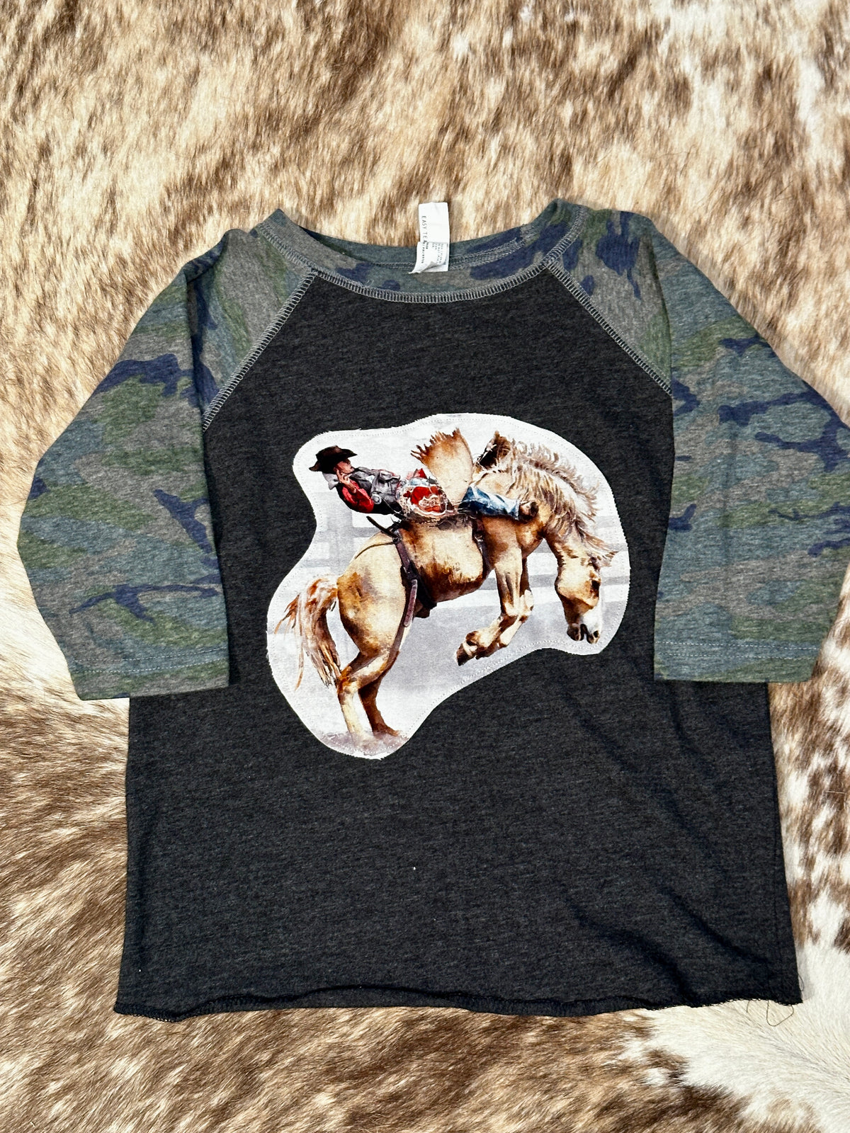 Bareback Rider on Raglan Baseball Tee with Camo 3/4 Sleeves, Size 4T