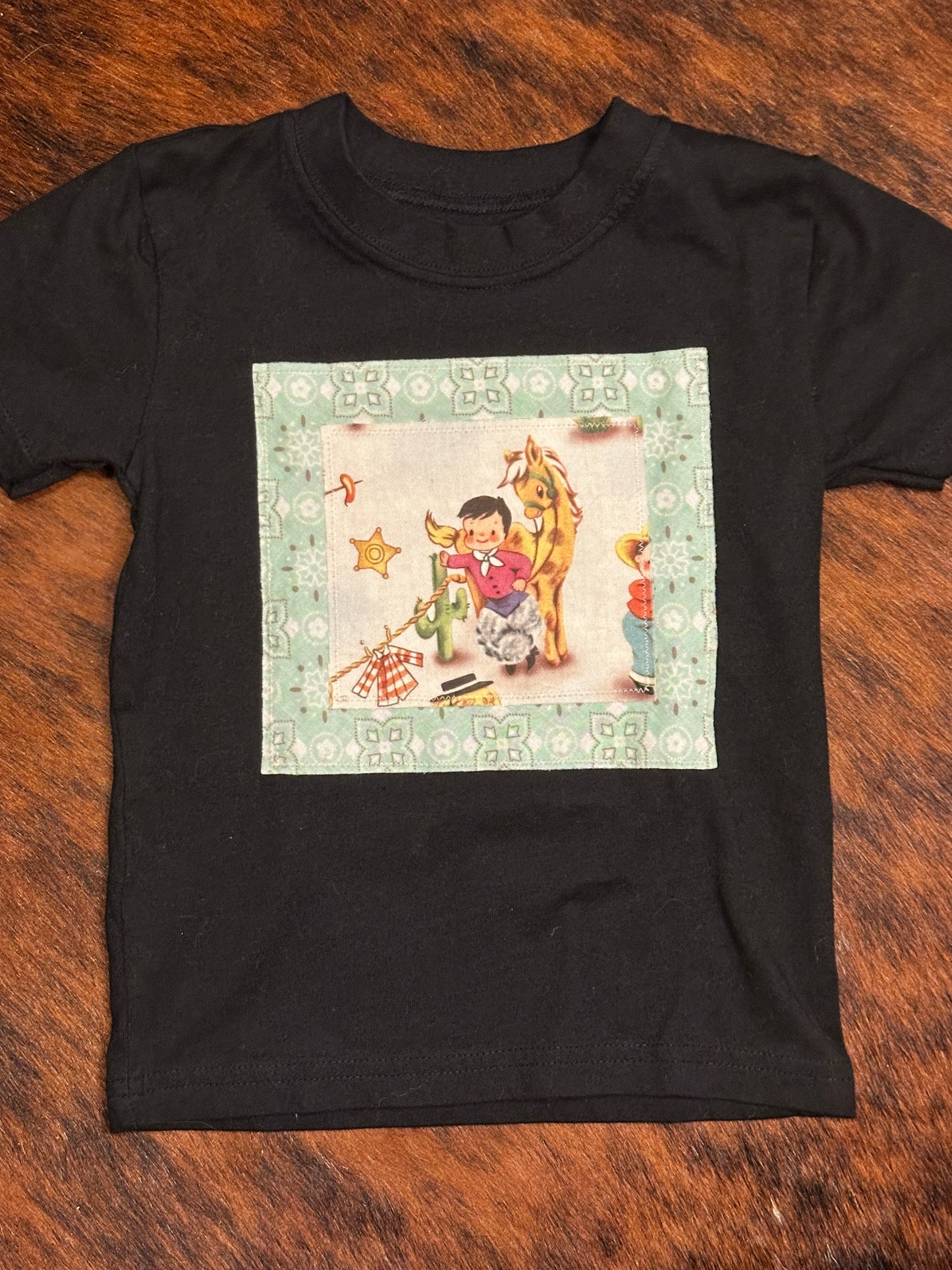 Vintage Cowboy & Mint Bandana Print on Black Tee, Size 3T