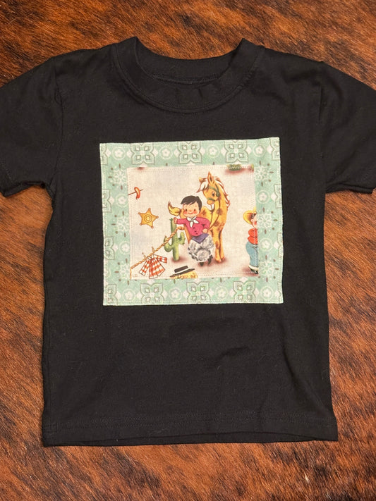 Vintage Cowboy & Mint Bandana Print on Black Tee, Size 3T