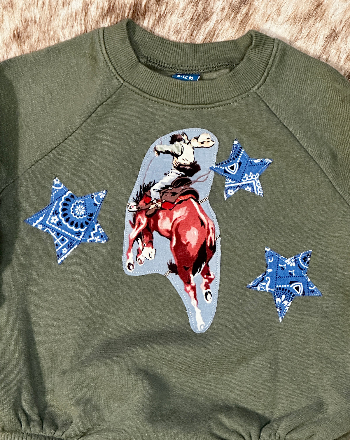Bucking Horse & Blue Bandana Stars on Olive Sweatshirt Romper, Size 6-12 Mons.