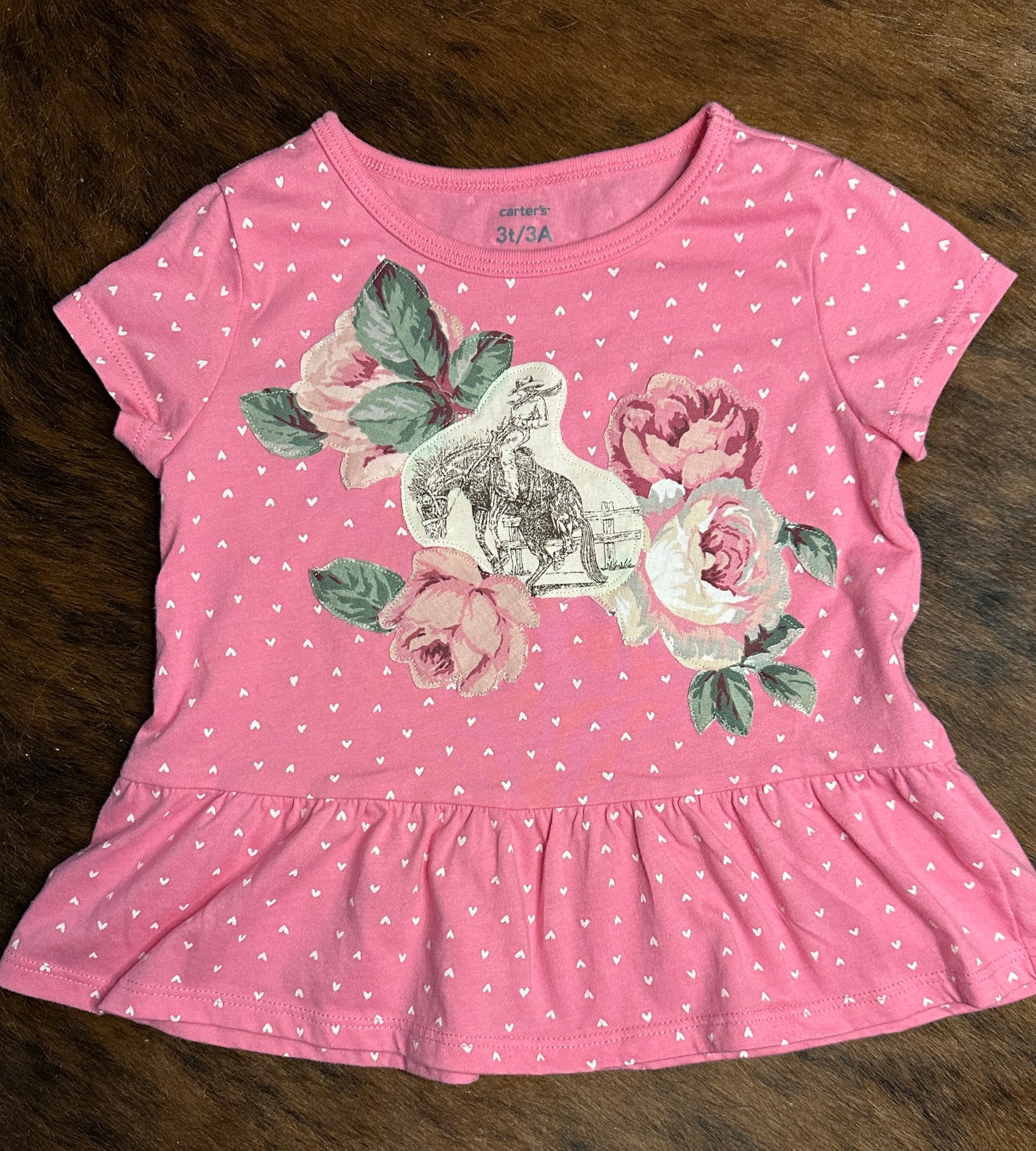 Cowgirl Bronc Rider with Pastel Roses on Heart Print Peplum, Size 3T