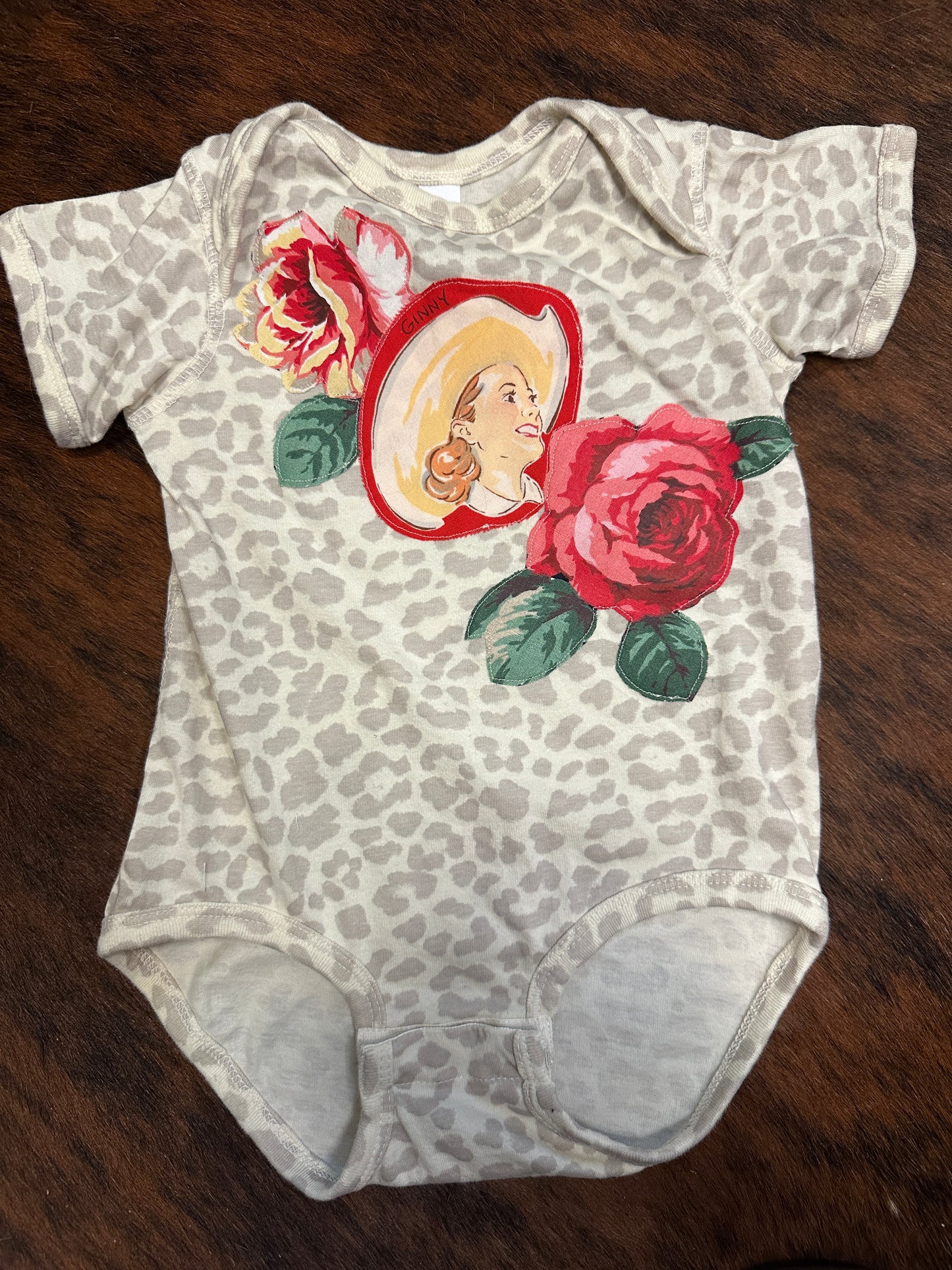 Cowgirl Ginnie & Roses on Light Leopard Onesie, Size 18 mons.
