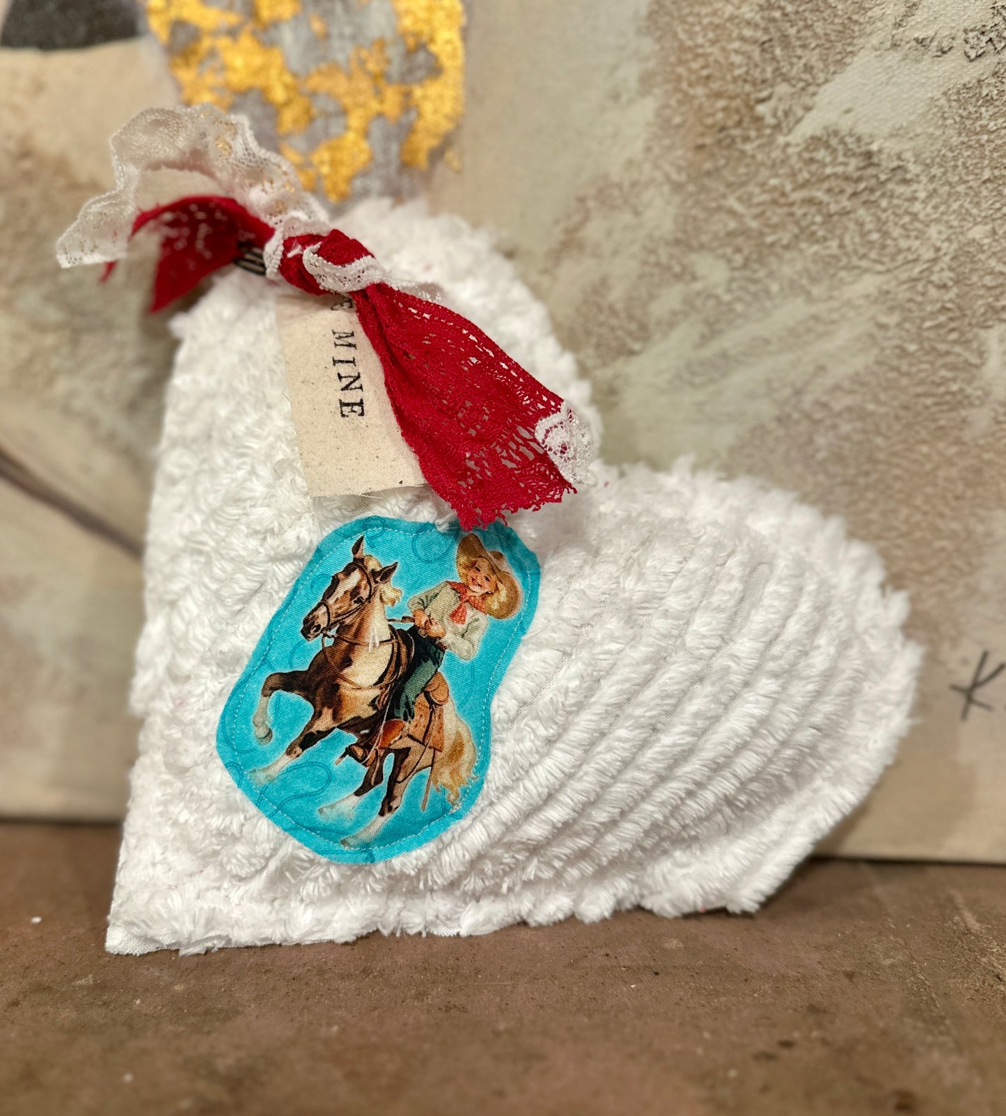 WHITE Chenille Plushie Cowgirl Heart #1