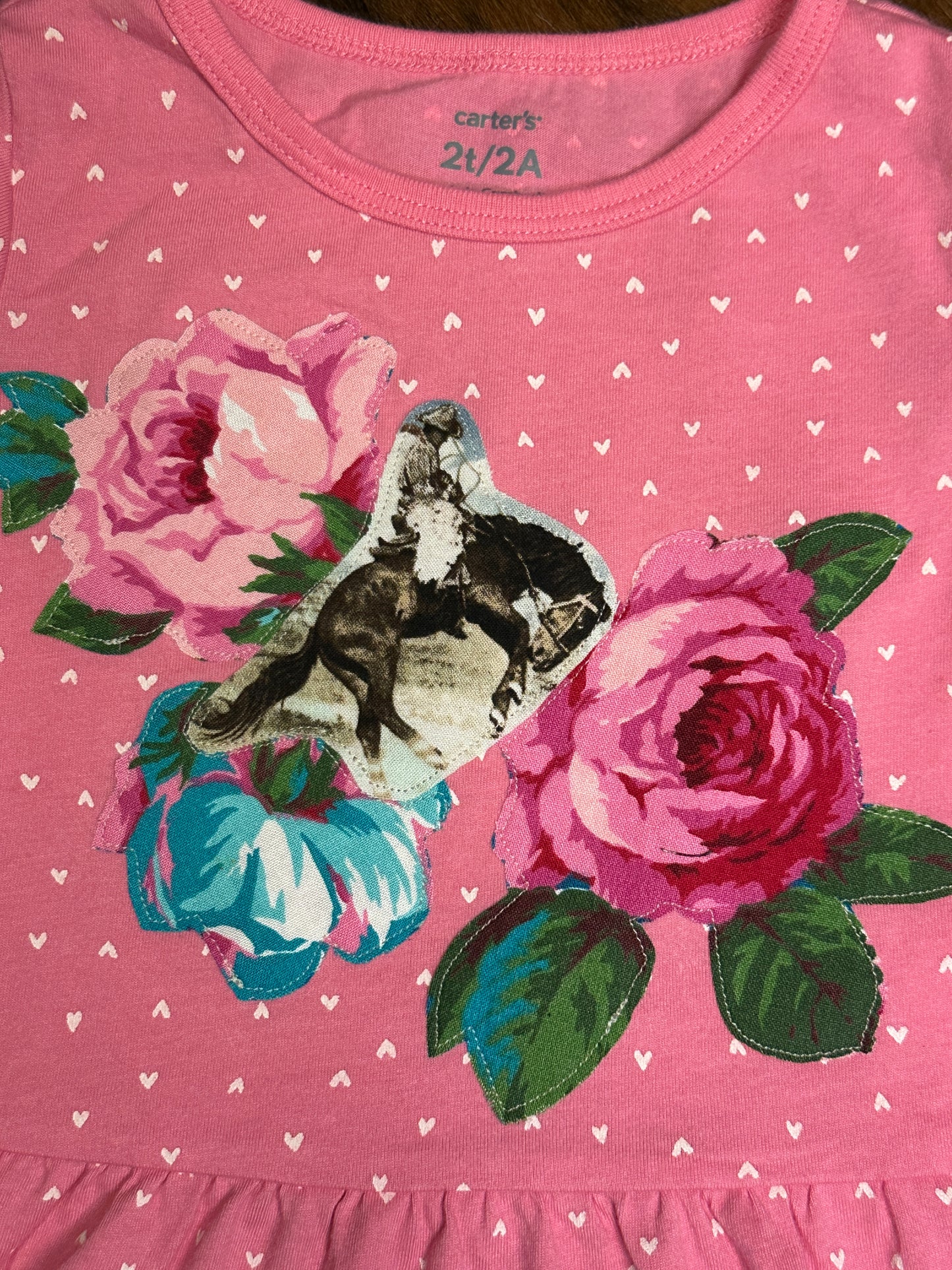 Heart Print Pink Peplum Top with Bronc & Roses, Size 2T