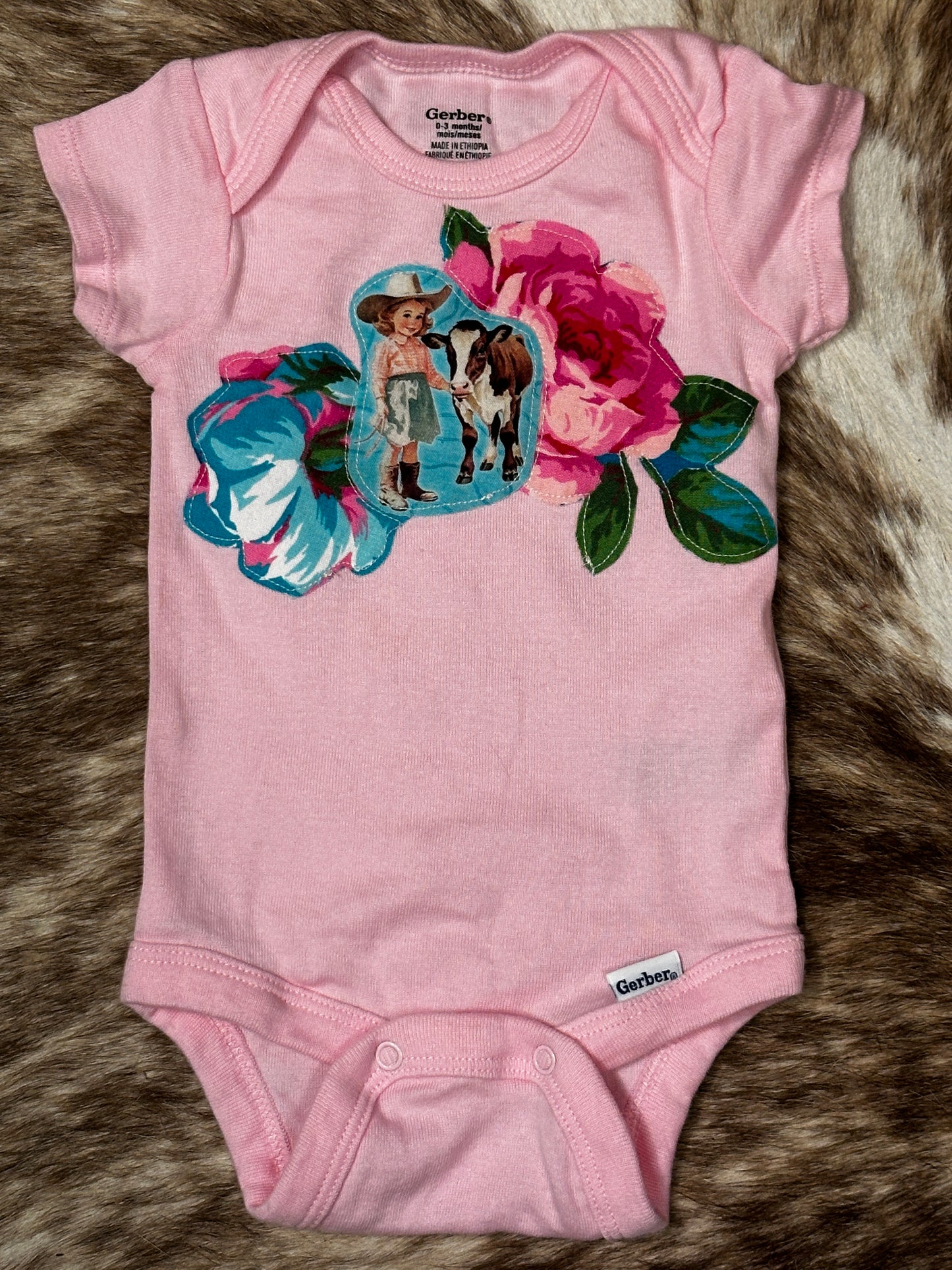 Retro Cowgirl & Roses on Light Pink Onesie, Size 0-3 mons.