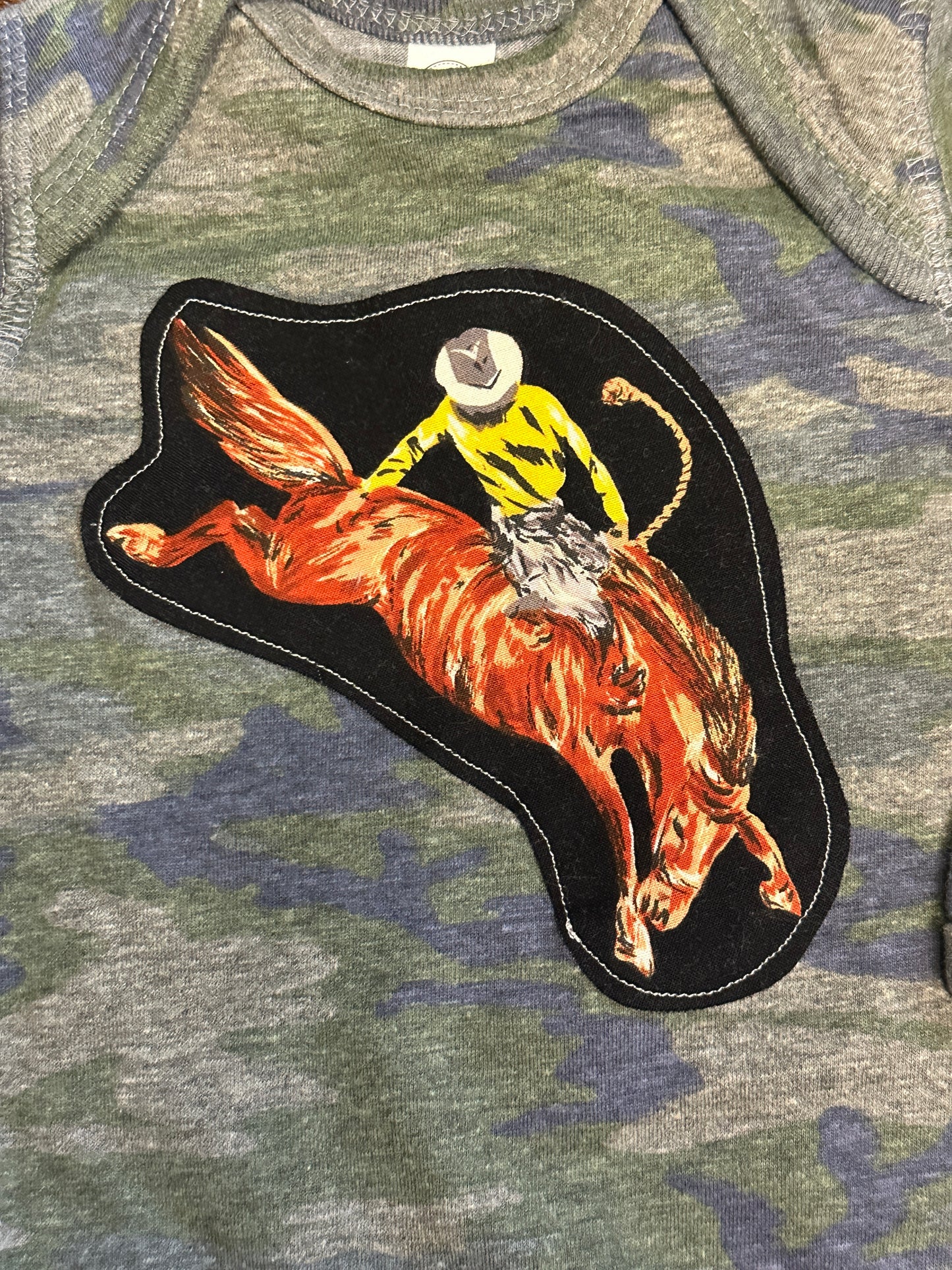 Bronc Rider on Camo Long Sleeved Onesie, Size 6 mons.