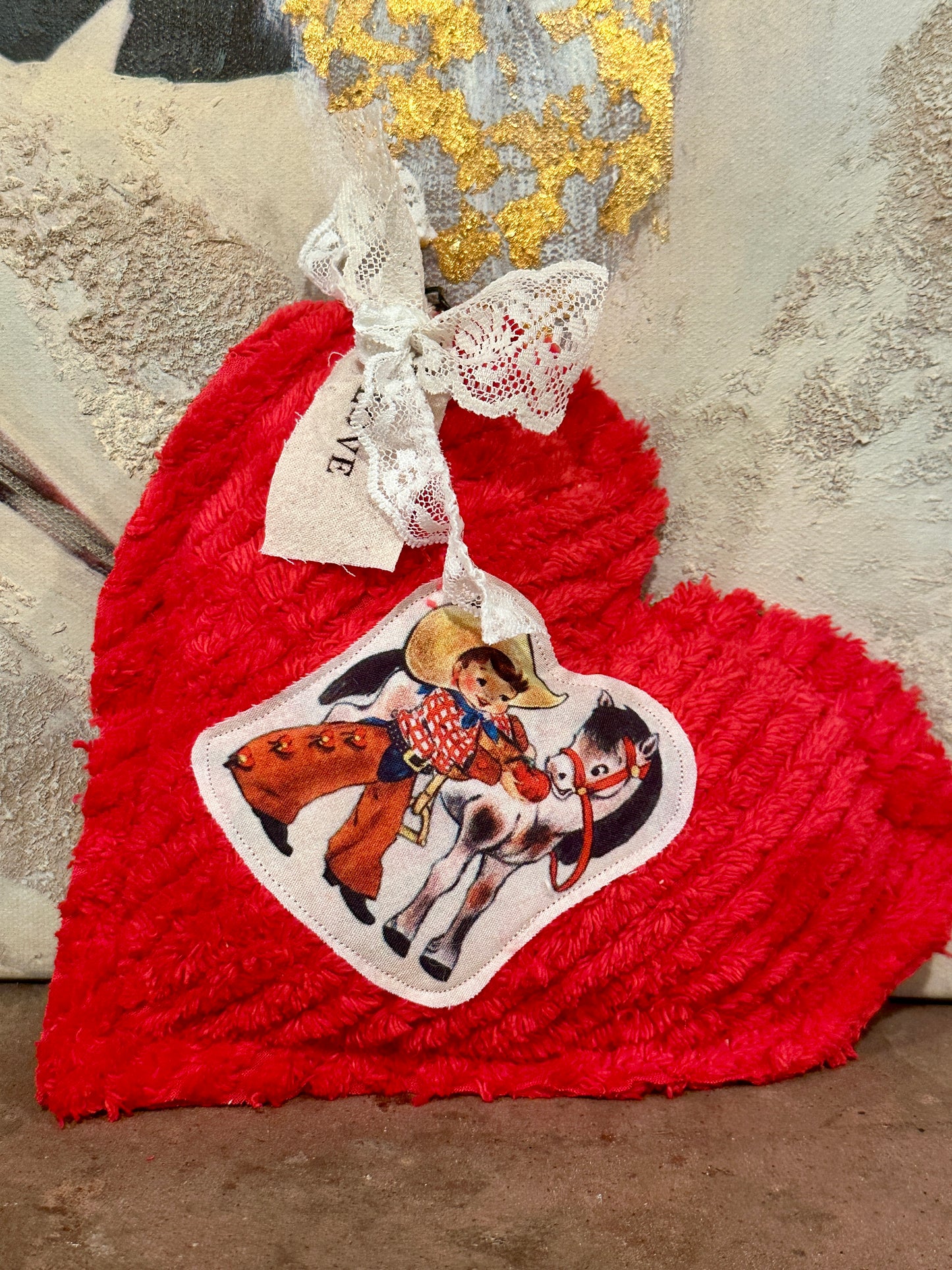 RED Chenille Plushie Cowboy Heart #1