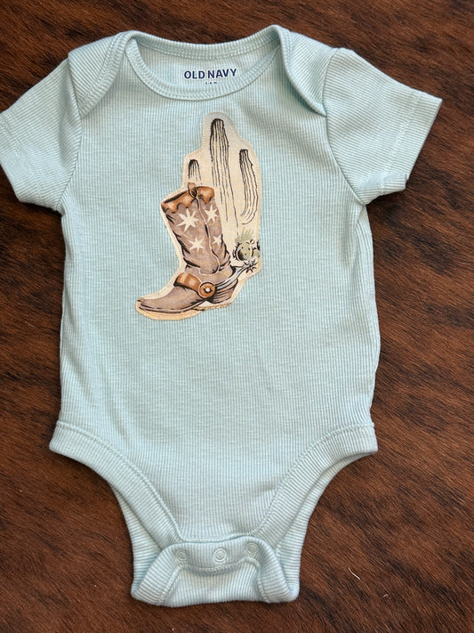 Boot & Cactus on Light Turquoise, Size 3-6 mons.