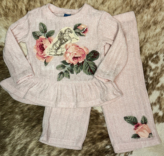 Light Pink Ribbed Chenille Rearing & Roses Set, Size 12-18 mons.