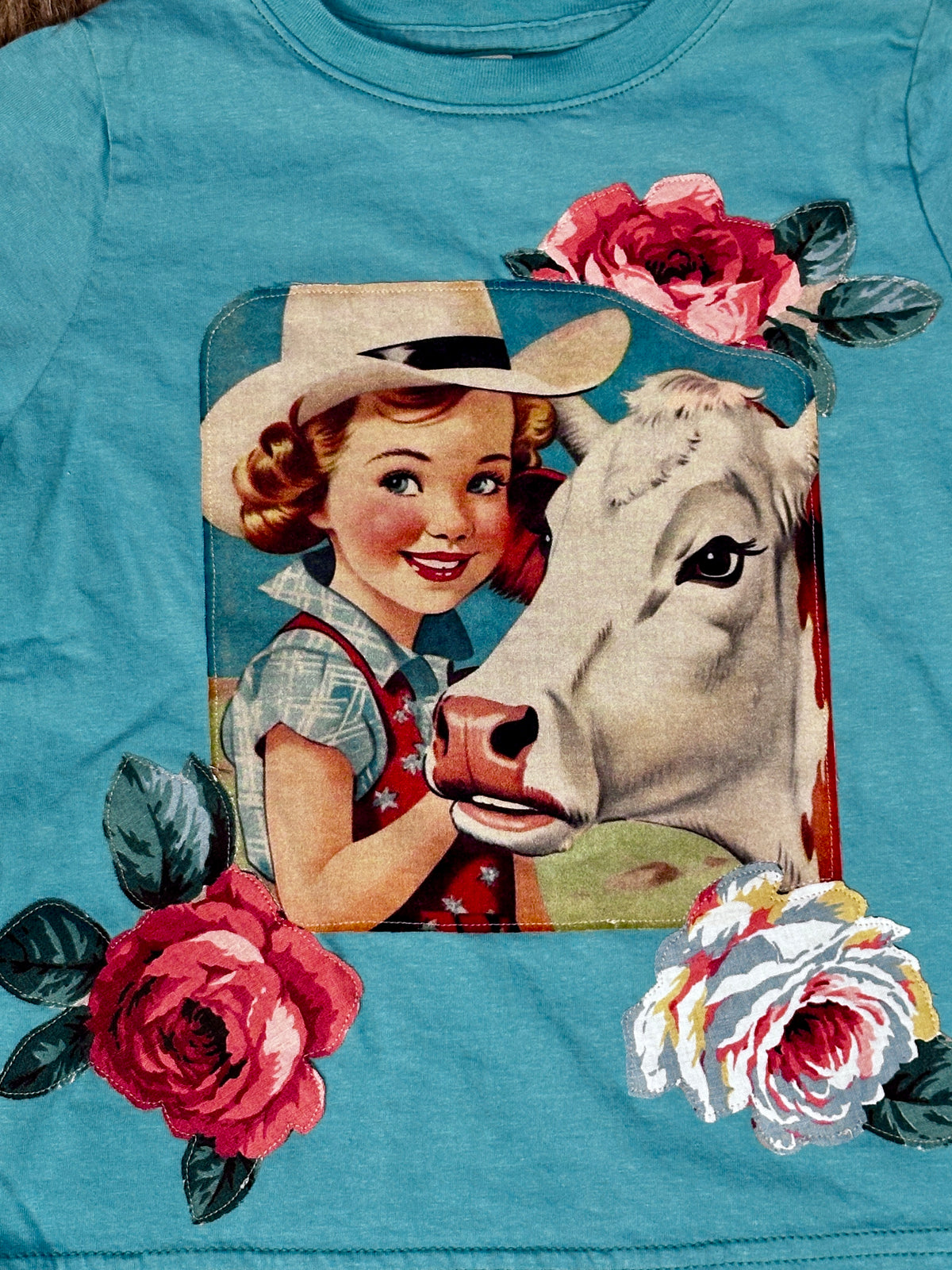Cowgirl & Hereford & Roses on Light Turquoise Tee, Size 4T