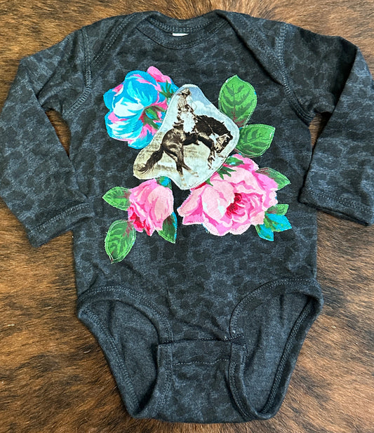 Bronc & Bright Roses on Black Leopard with Long Sleeves, Size 6 mons.