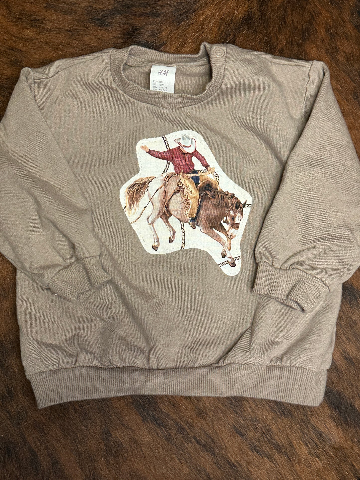 Bronc on Khaki Sweatshirt, Size 12 mons.
