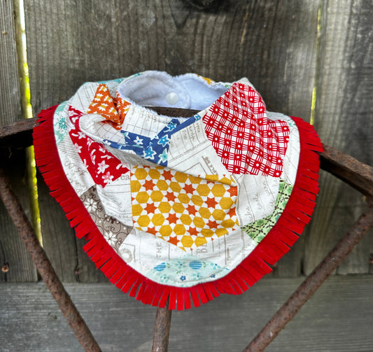 Colorful Quilt-Look Buckaroo Baby Bib with Red Fringe