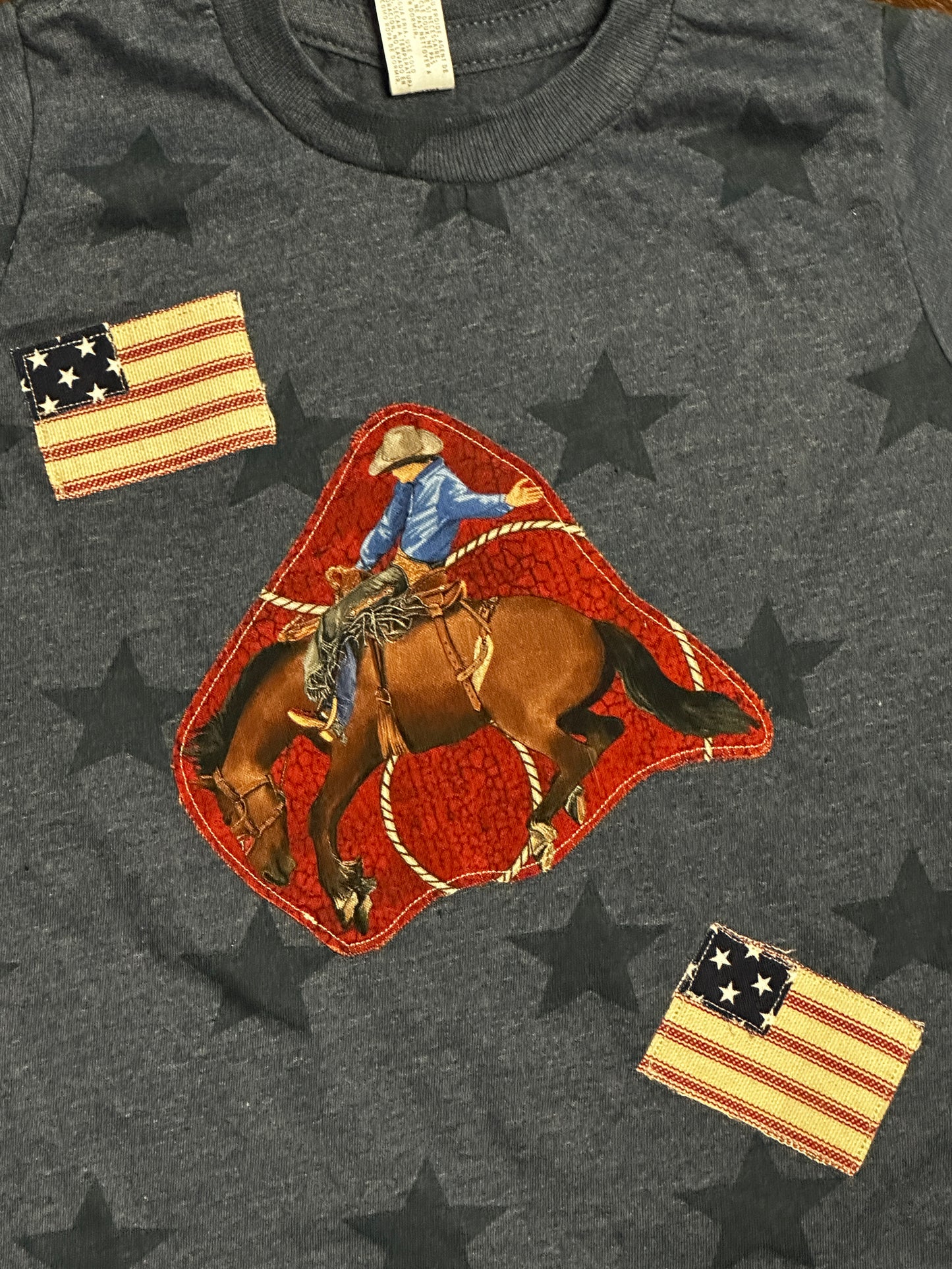 Saddle Bronc Rider & American Flags on Navy Star Tee, Size 3T