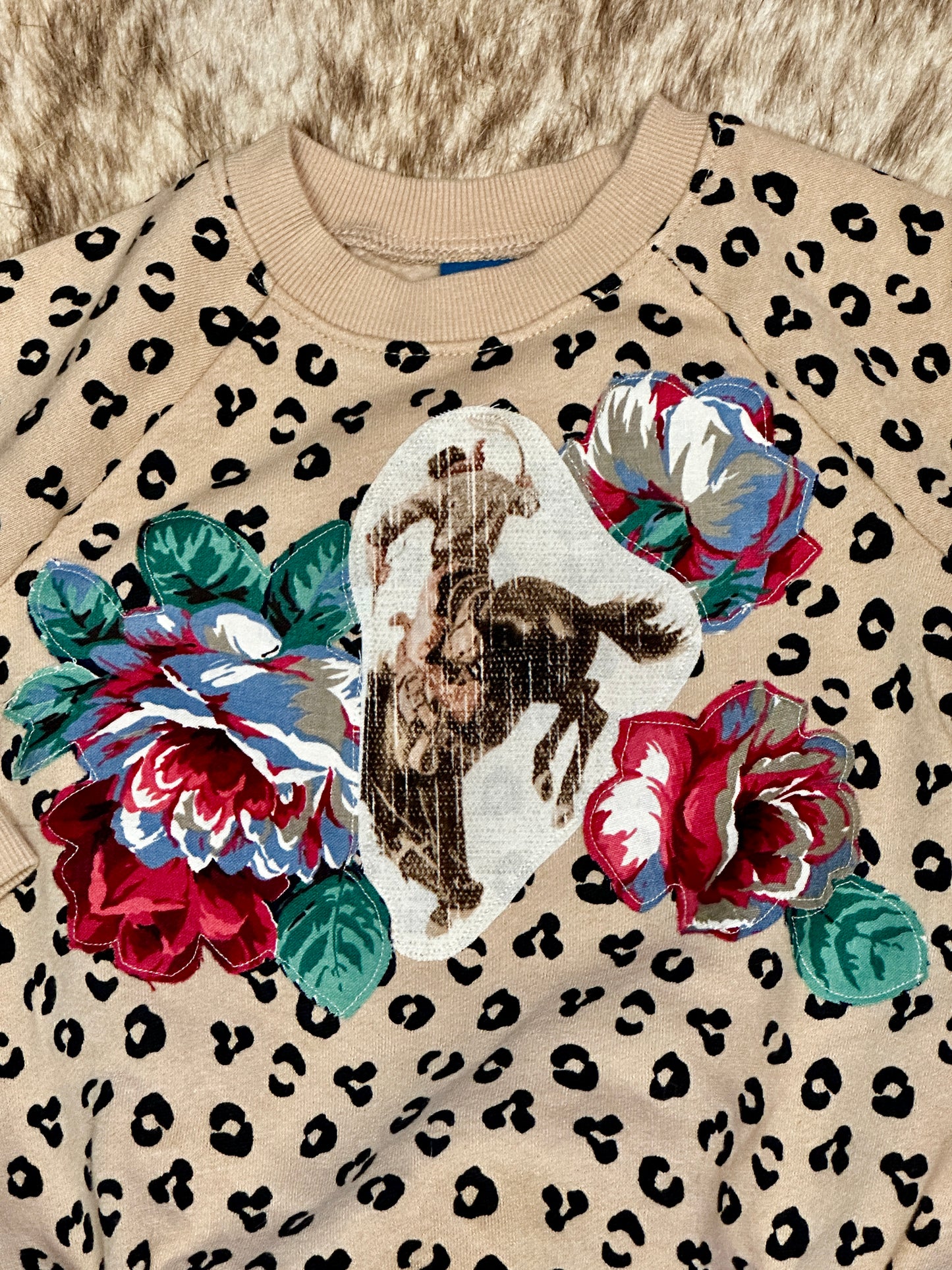 Bronc & Roses Sweatshirt Leopard Onesie, Size 6-12 mons.