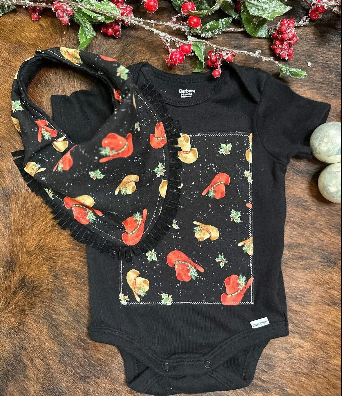 Holly Cowboy Hats Bib & Onesie Set, Size 6-9 mons.