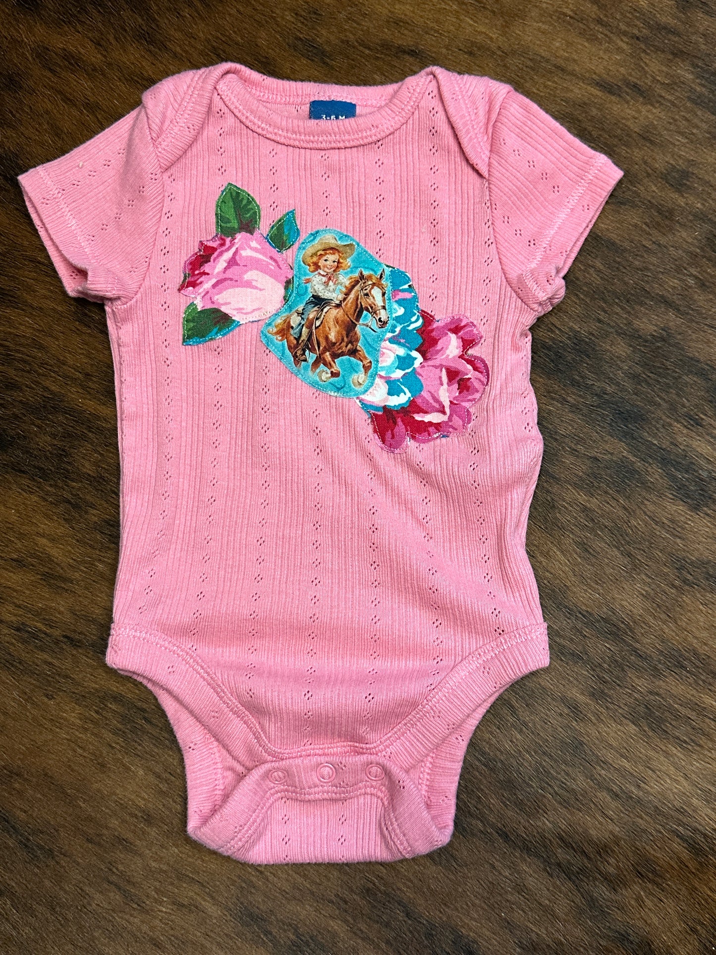 Hot Pink Pointelle Onesie with Turquoise Cowgirl & Roses, Size 3-6 mons.