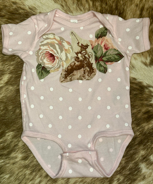 Bronc & Roses on Light Pink Polka Dot Onesie, Size 12 mons.