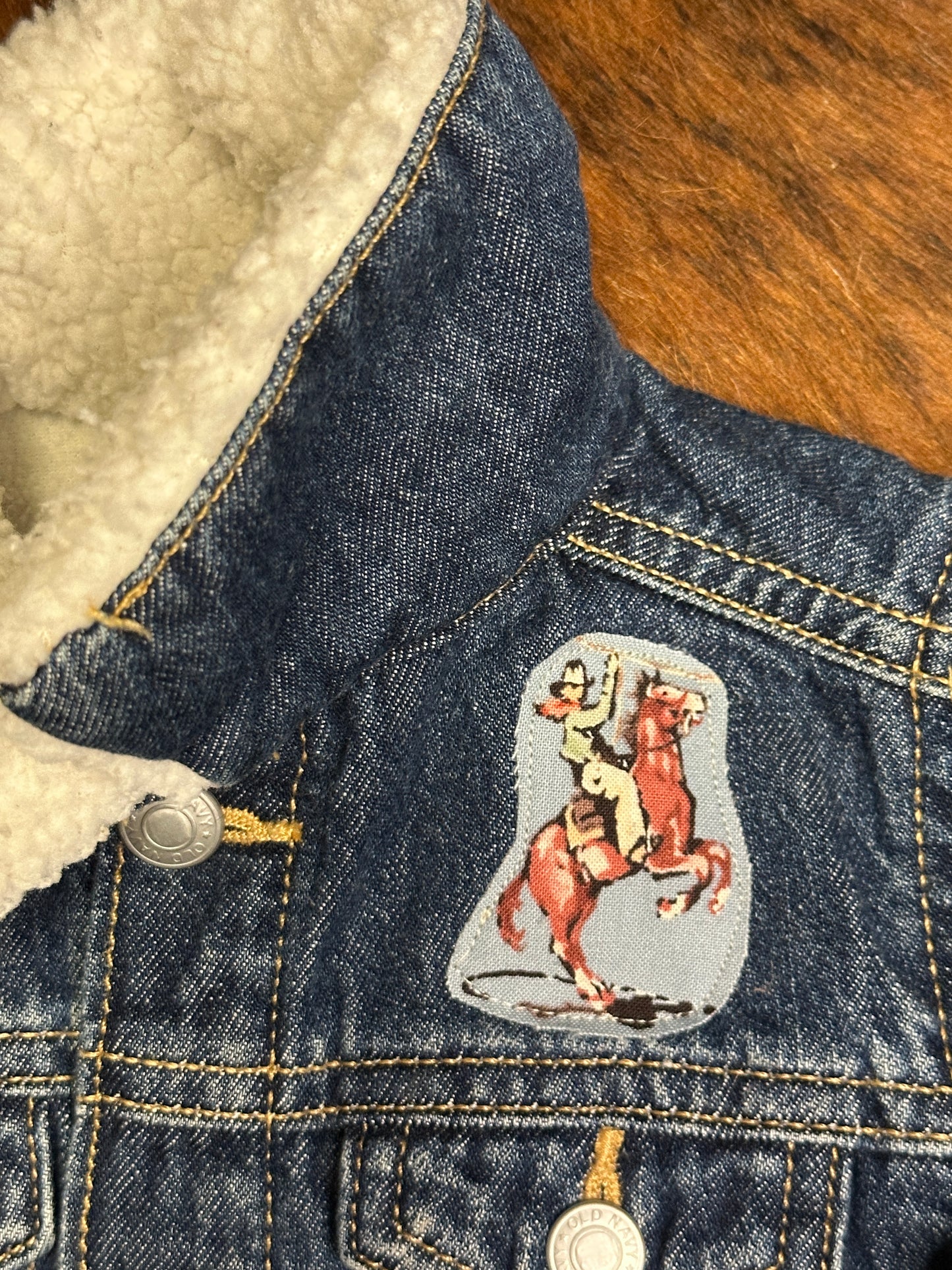 Vintage Bronc Rider on Denim Sherpa Lined Jacket, Size 12-18 mons.