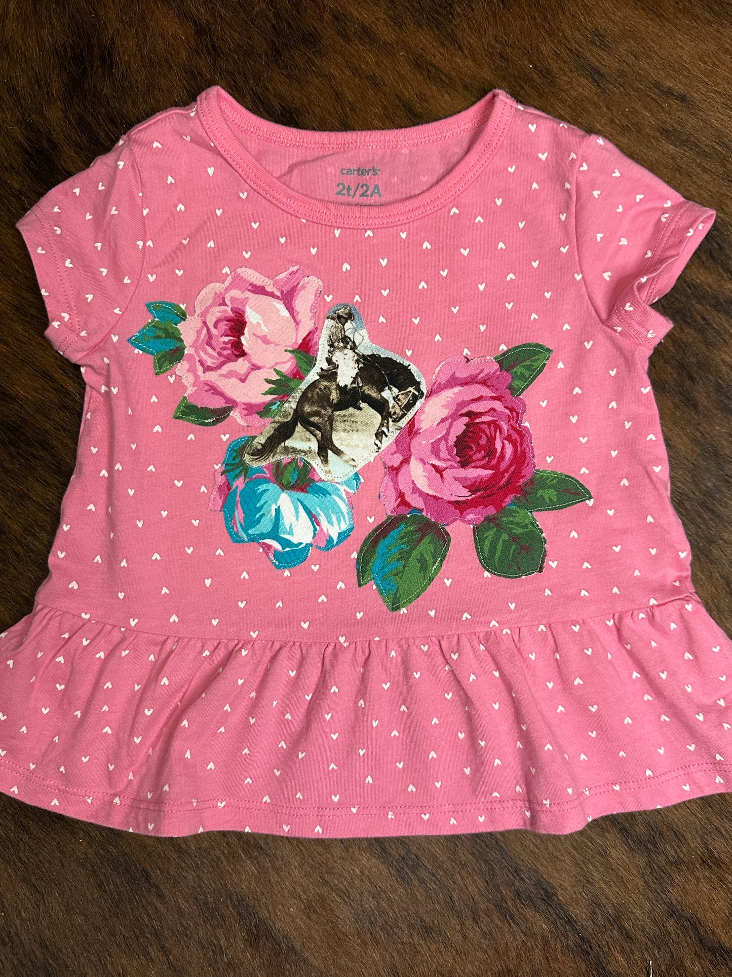 Heart Print Pink Peplum Top with Bronc & Roses, Size 2T