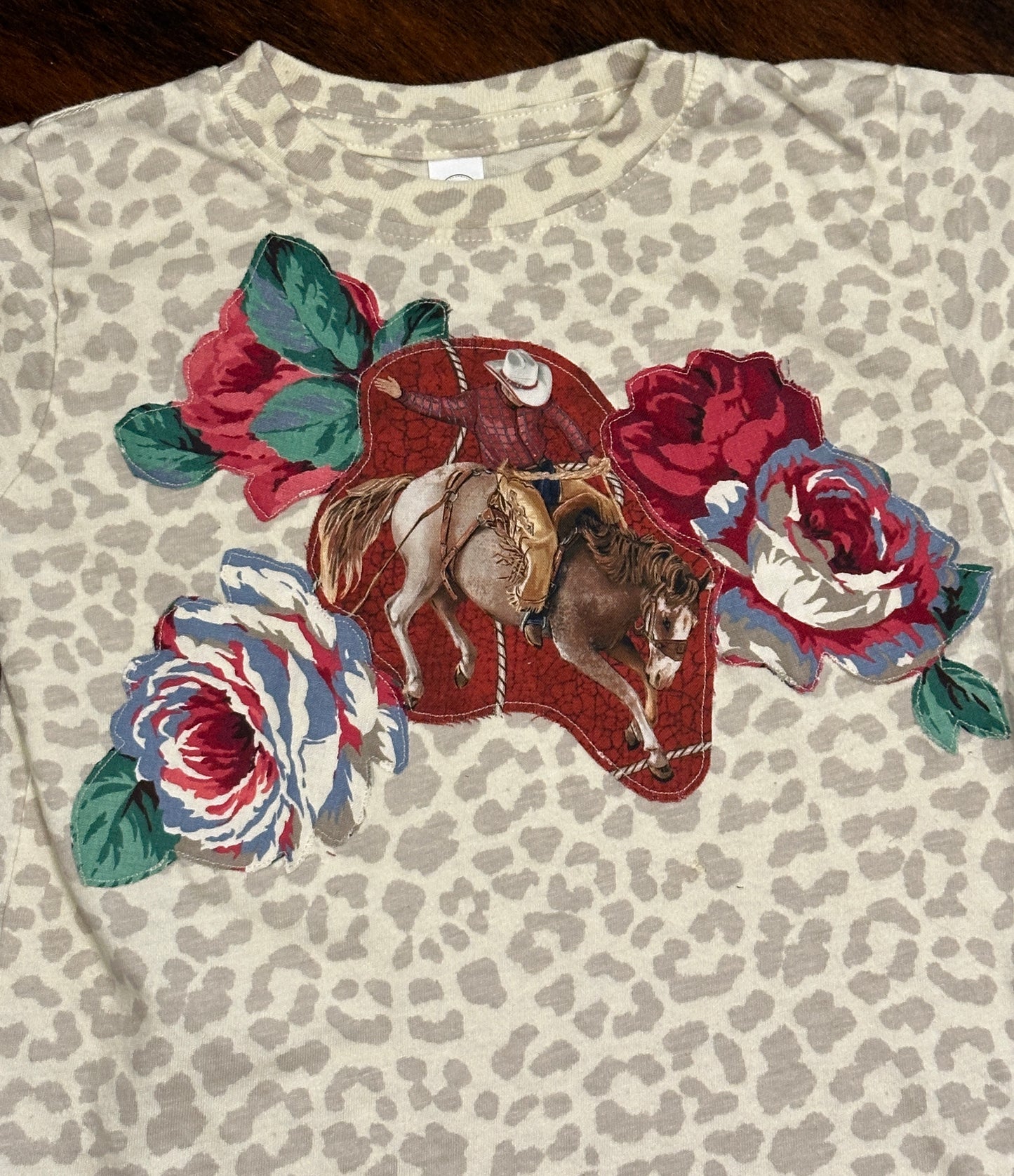 Saddle Bronc Rider & Red, White & Blue Roses on Light Leopard Tee, Size 3T