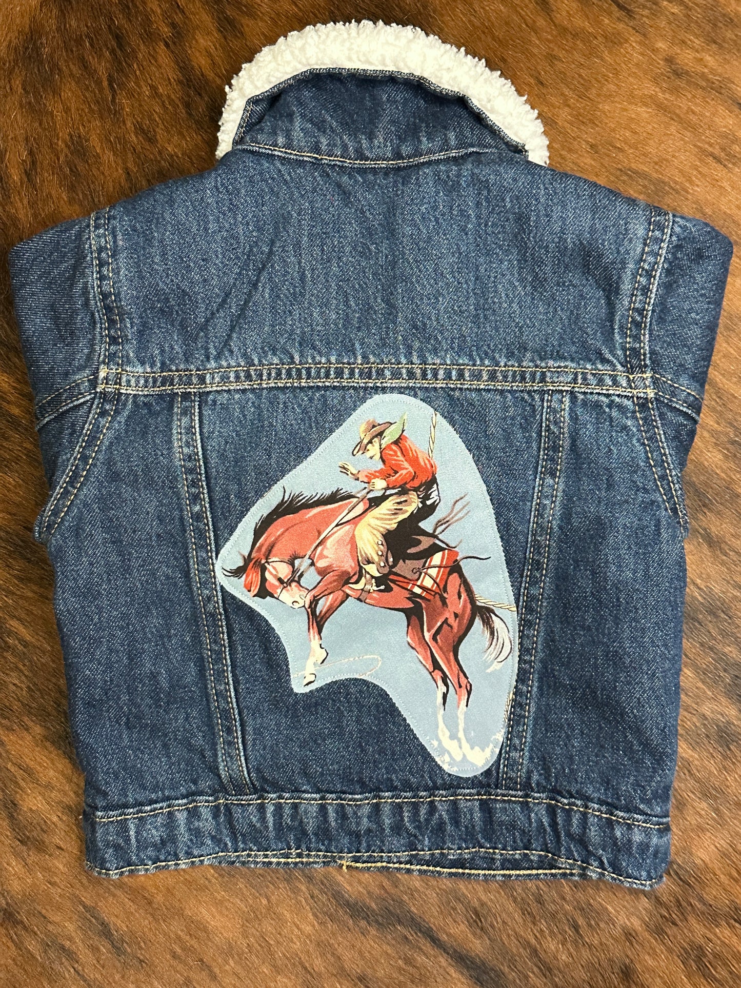 Vintage Bronc Rider on Denim Sherpa Lined Jacket, Size 12-18 mons.