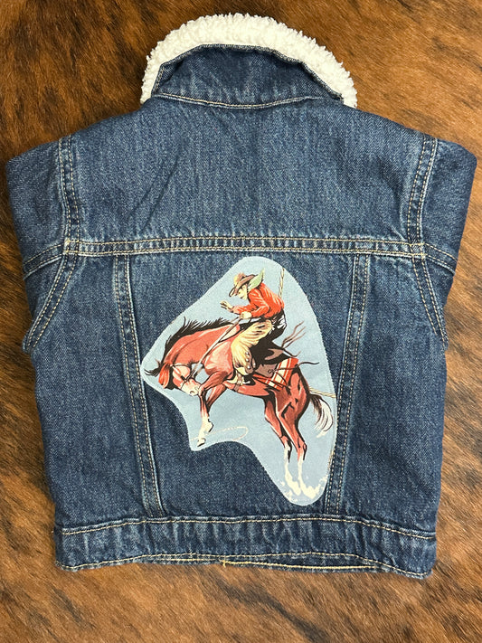 Vintage Bronc Rider on Denim Sherpa Lined Jacket, Size 12-18 mons.