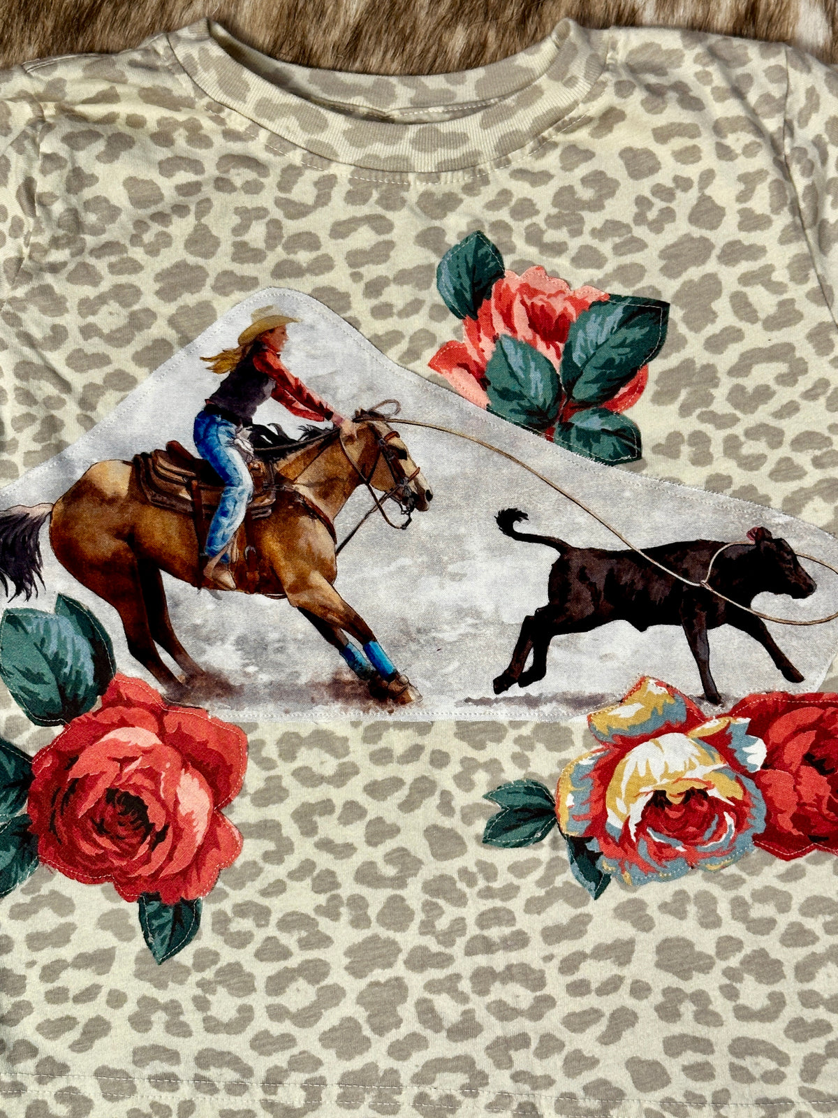 Breakaway Cowgirl & Roses on Light Leopard Tee, Size 4T