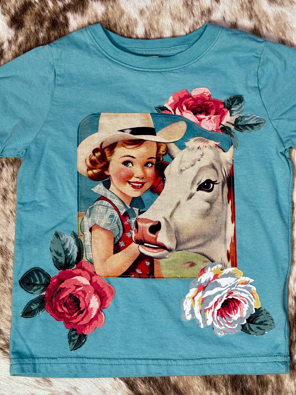 Cowgirl & Hereford & Roses on Light Turquoise Tee, Size 4T