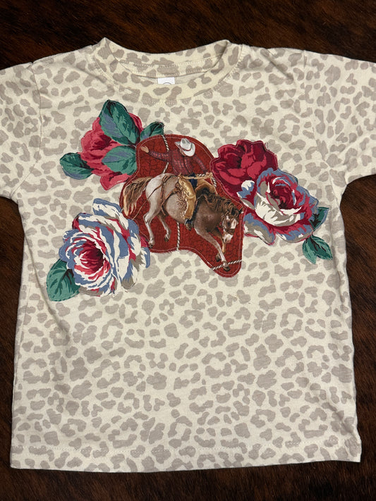 Saddle Bronc Rider & Red, White & Blue Roses on Light Leopard Tee, Size 3T
