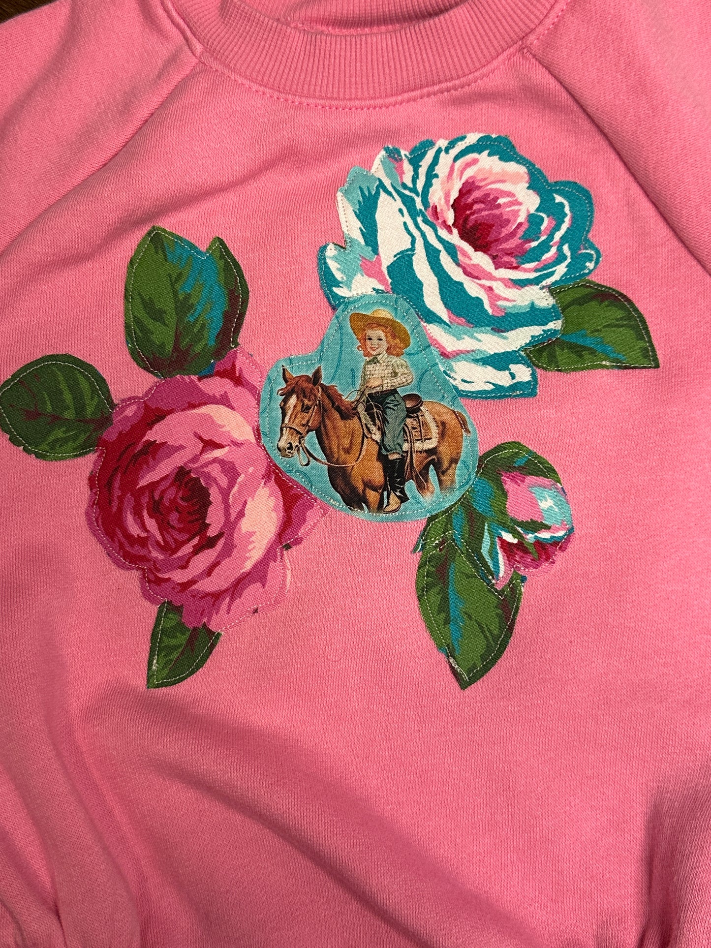 Turquoise Cowgirl & Roses on Hot Pink Sweatshirt Onesie, Size 6-12 mons.