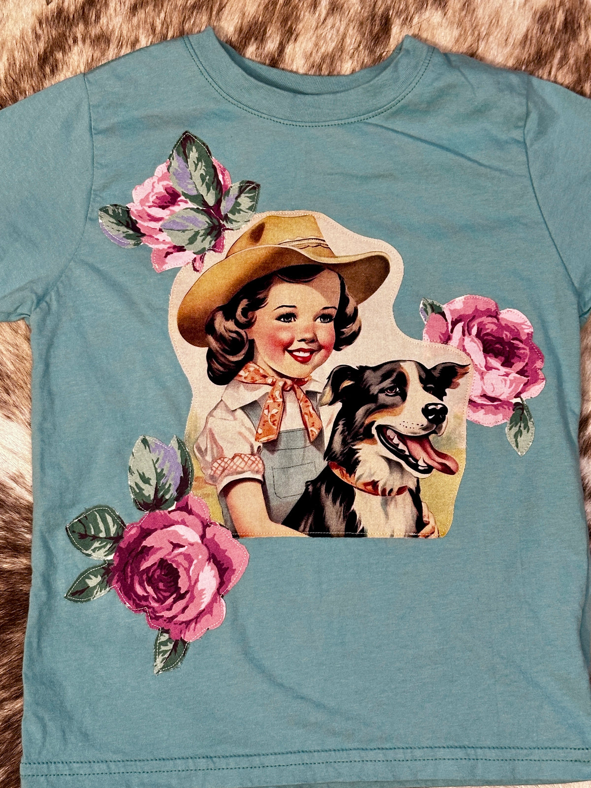 Vintage Cowgirl & Dog with Roses on Turquoise Tee, Size 5/6T