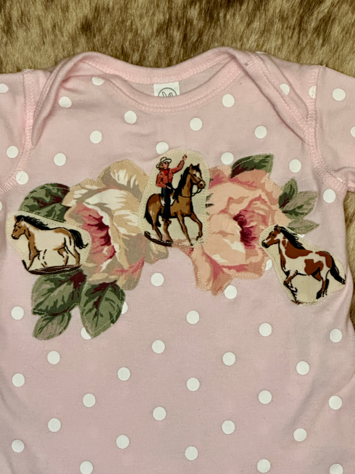 Cowgirl & Horses on Pink Polka Dot Onesie, Size 12 mons.