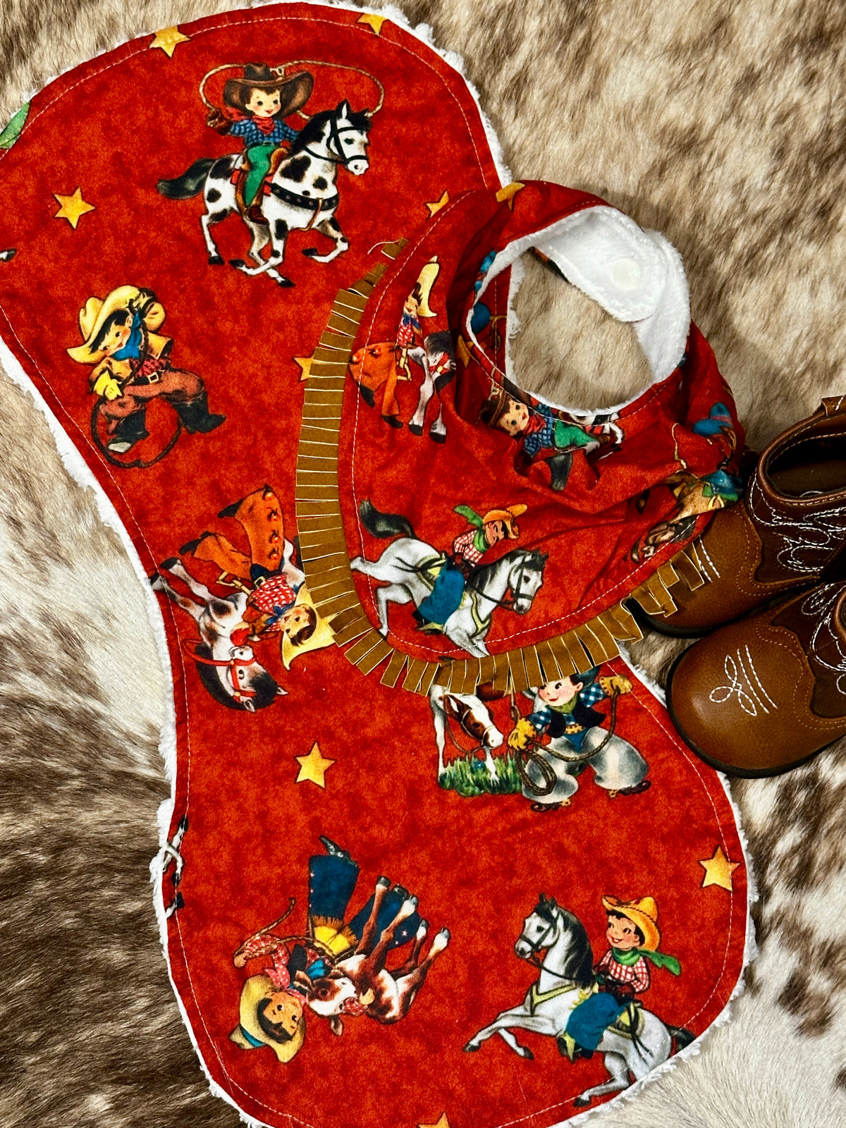 Red Vintage Cowboys Bib, Burp Cloth & Onesie Set, Size 6 mons.
