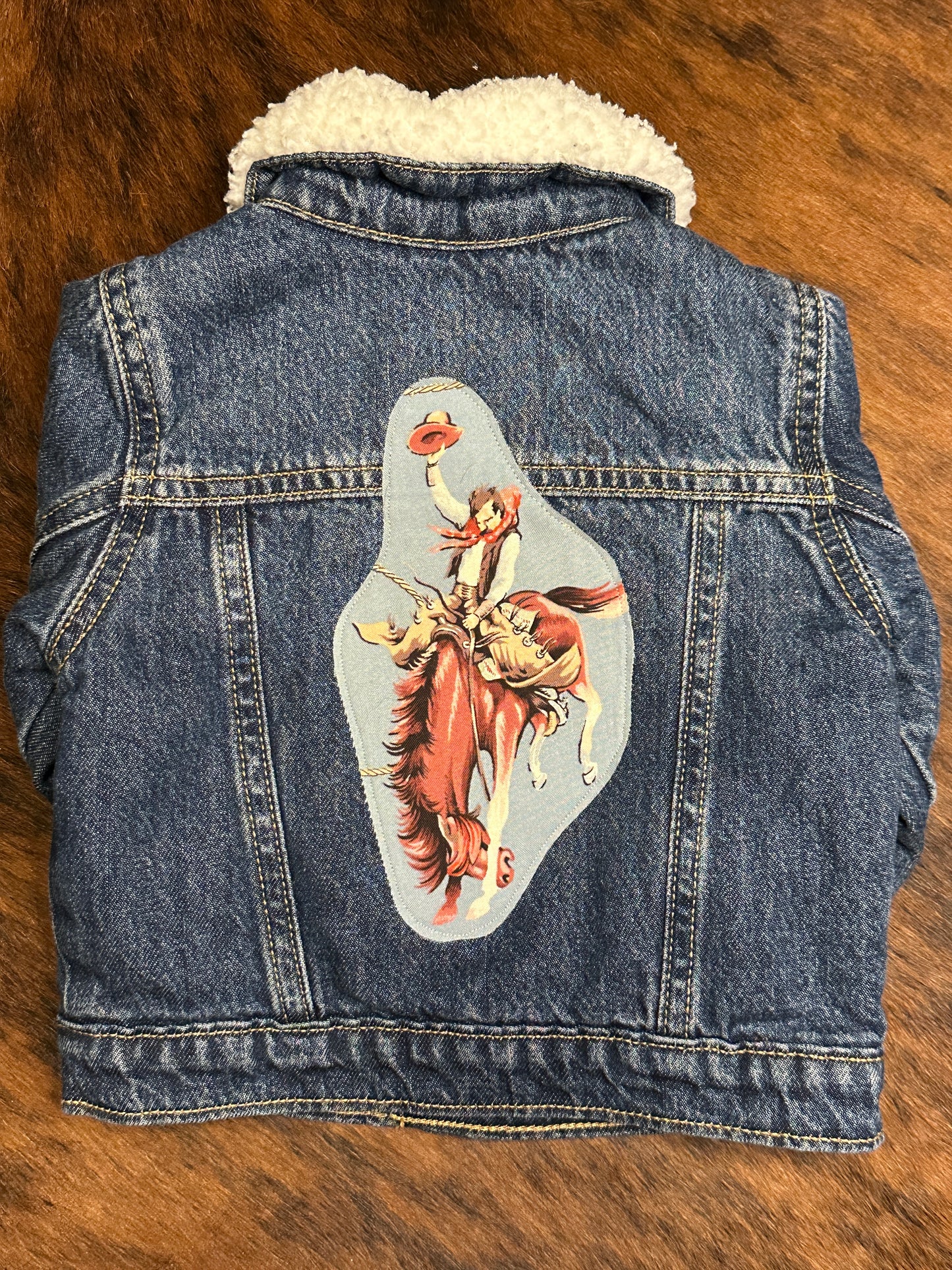 Classic Bronc Rider on Denim Sherpa Lined Jacket, Size 6-12 mons.