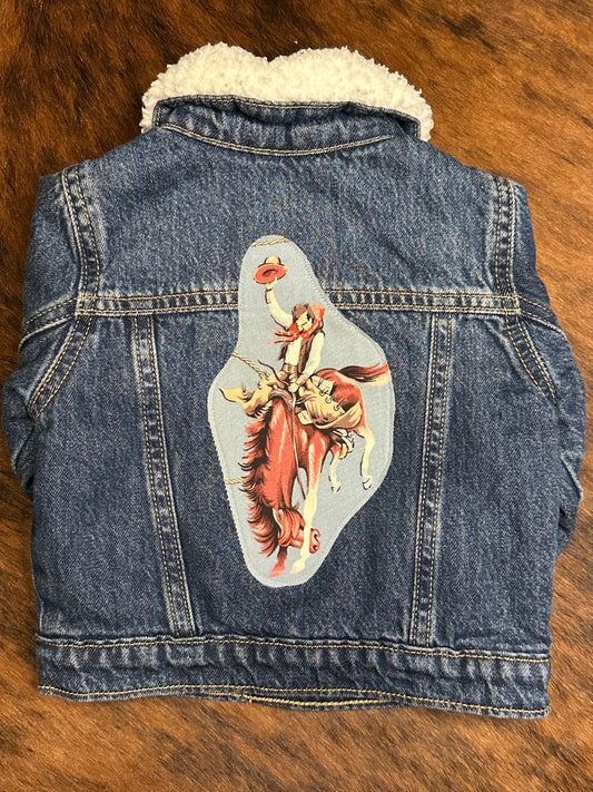 Classic Bronc Rider on Denim Sherpa Lined Jacket, Size 6-12 mons.