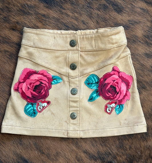 Red Roses and Tiny Broncs on Faux Suede Skirt, Size 18-24 mons.