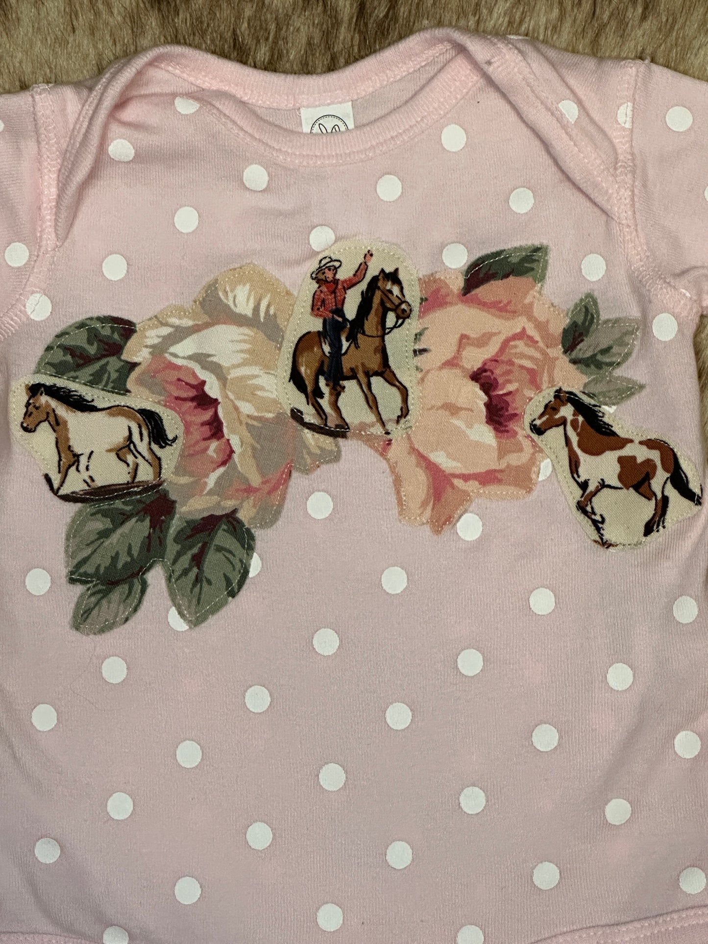 Cowgirl & Horses on Pink Polka Dot Onesie, Size 12 mons.