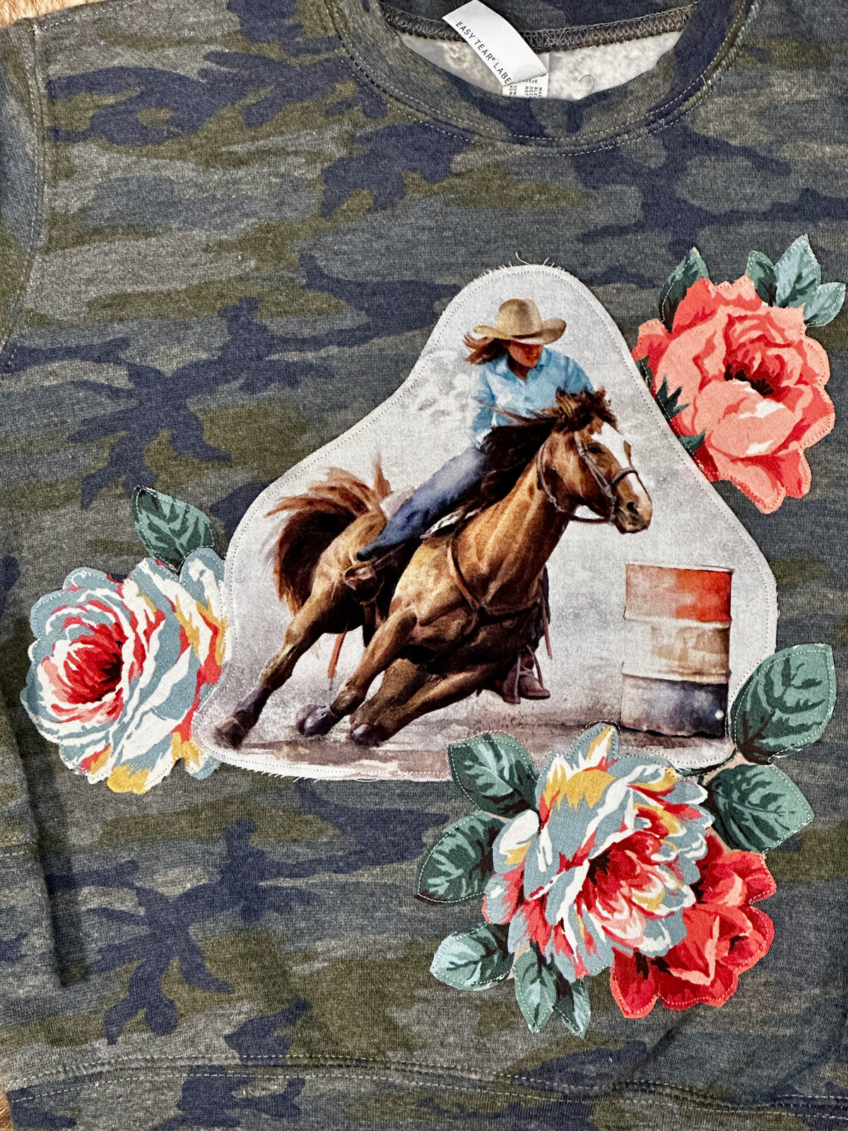 Barrel Racer & Roses on Camo Sweatshirt, Size 5/6T