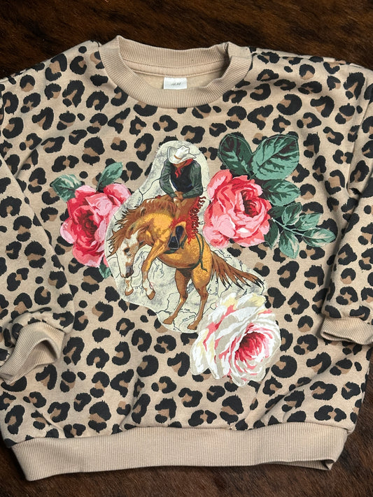 Saddle Bronc Rider & Roses on Leopard Sweatshirt, Size 3T