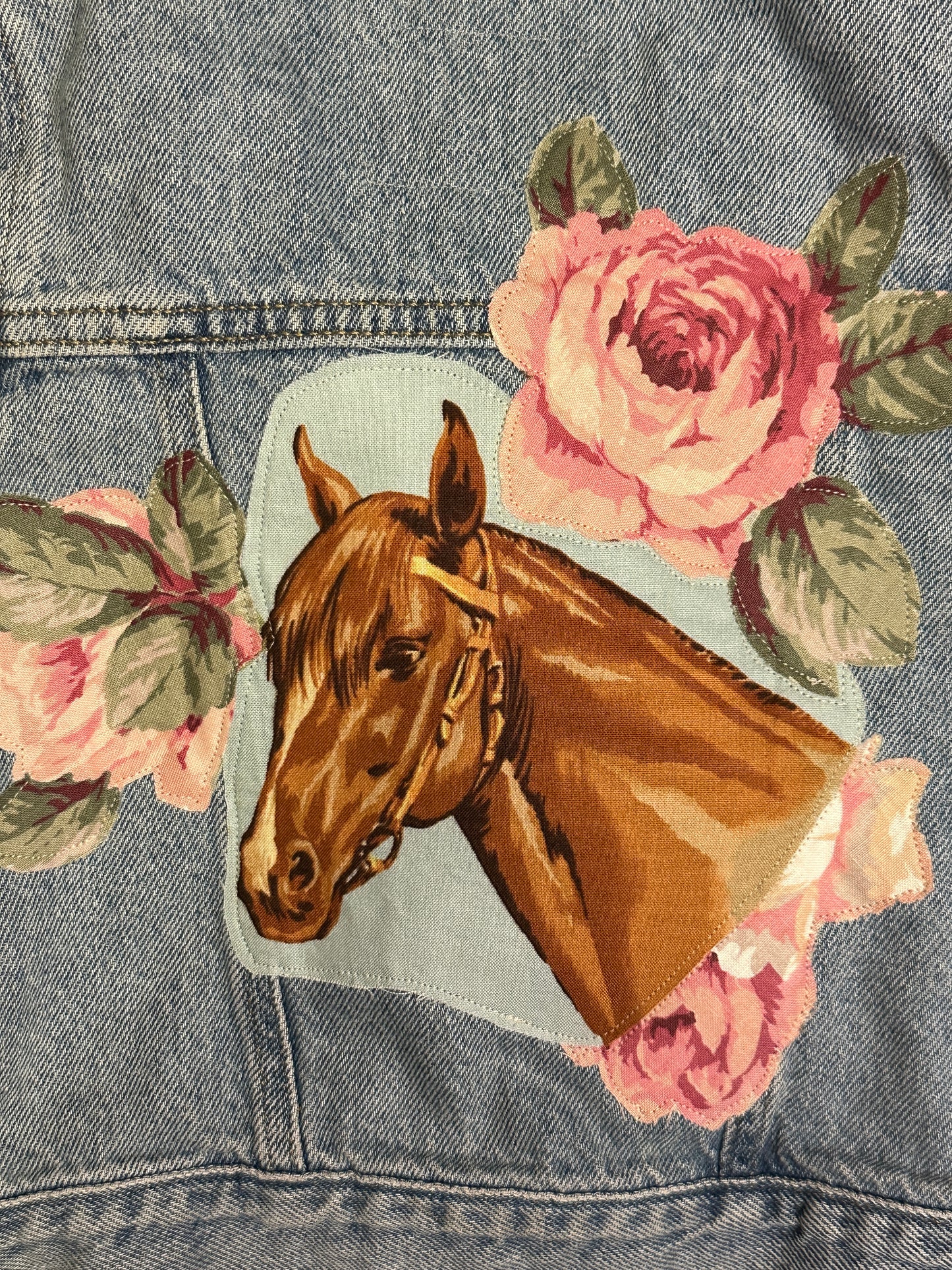 Denim Jacket with Horse Portrait and Pastel Roses, Size 18-24 mons.
