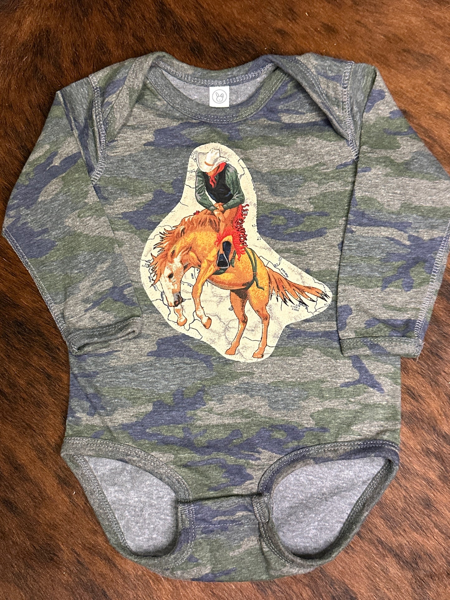 Bronc Rider on Camo Long Sleeve Onesie, Size 18 mons.